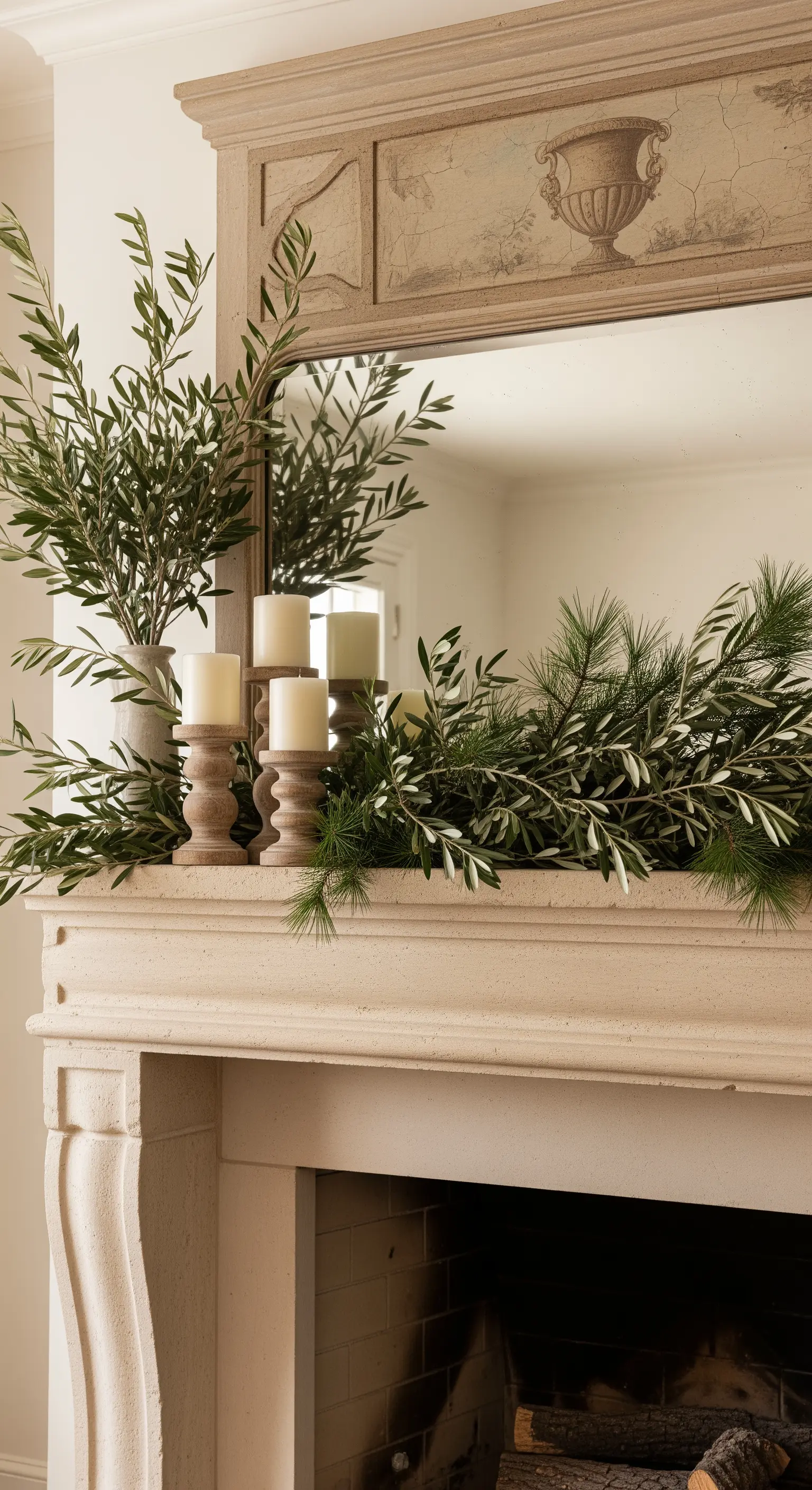 Olivenzweige und Kerzen auf Steinkamin