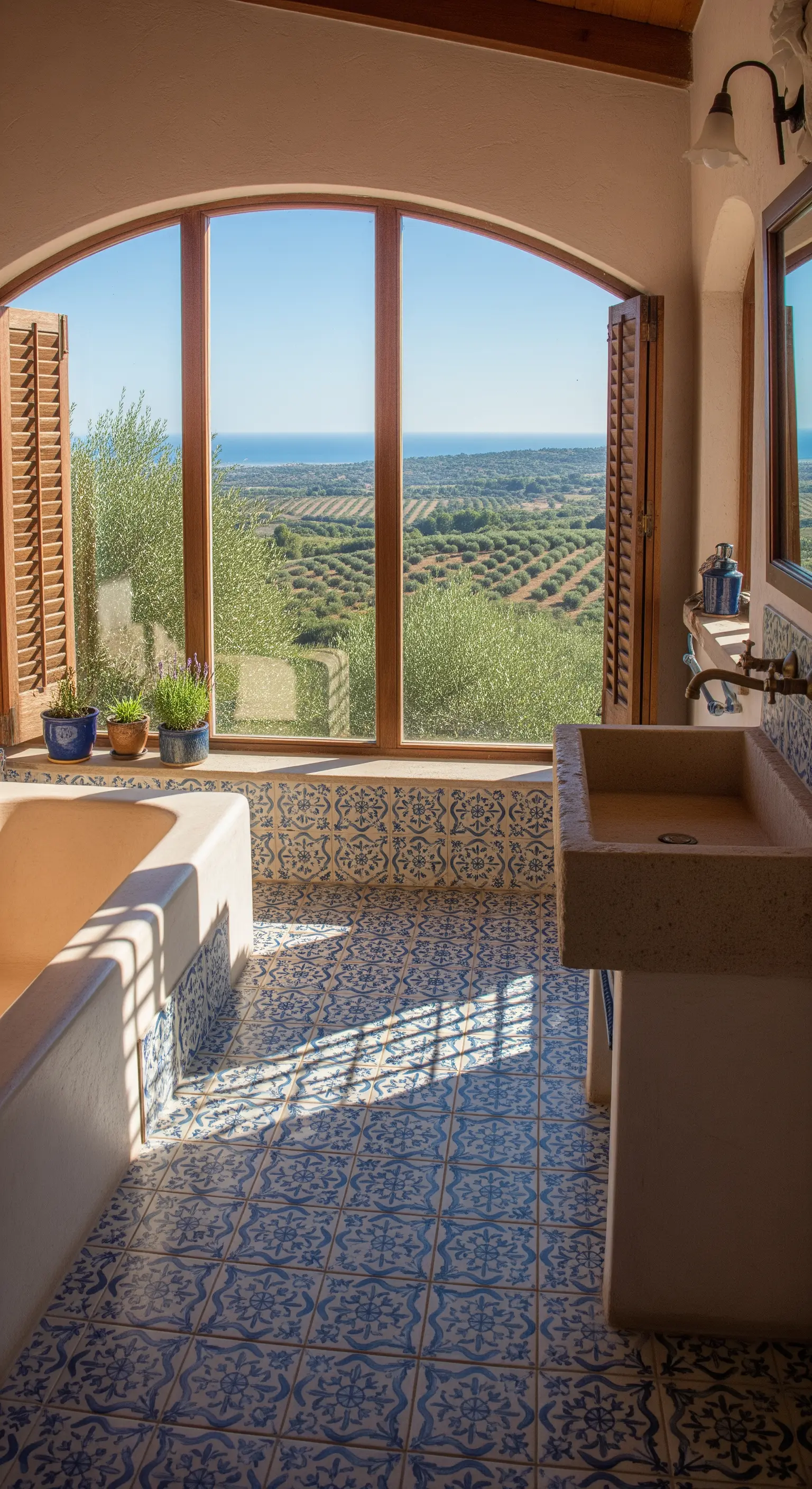 Mediterranes Bad mit Bogenfenster und blau-weißen Fliesen