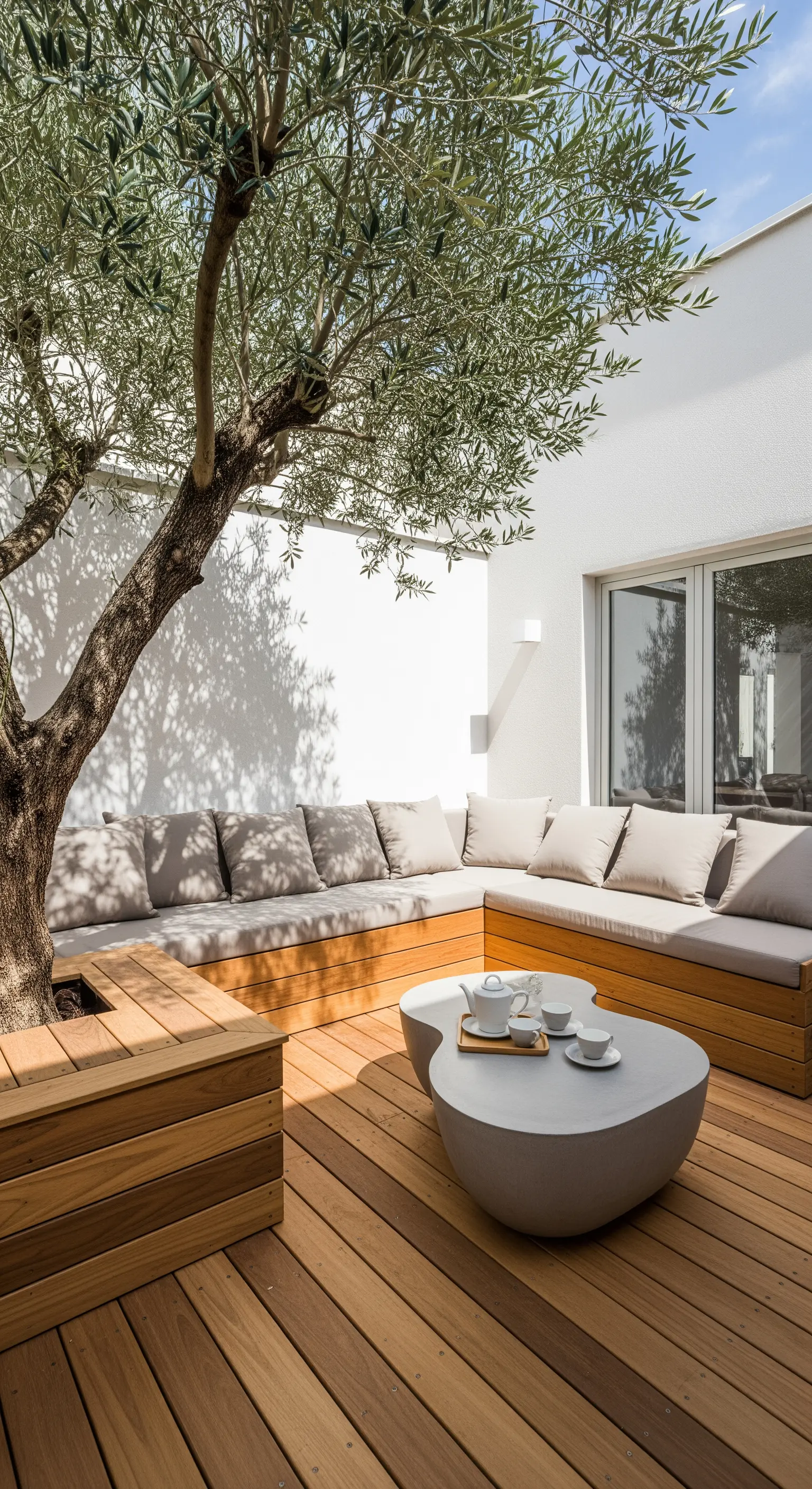 Weißer Innenhof mit Holzbank und Olivenbaum