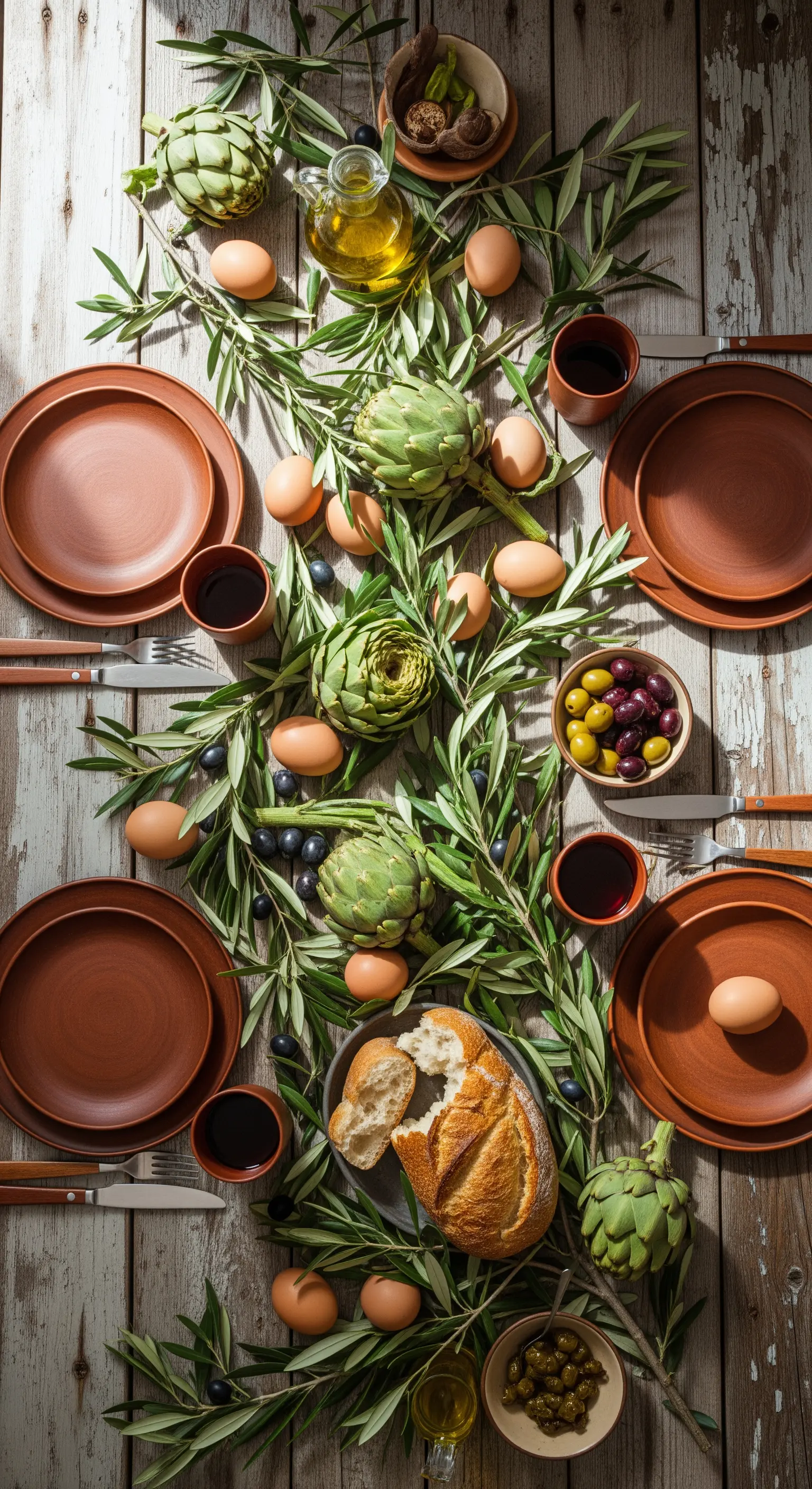 Rustikaler Holztisch mit Artischocken, Olivenzweigen und Terrakotta-Tellern