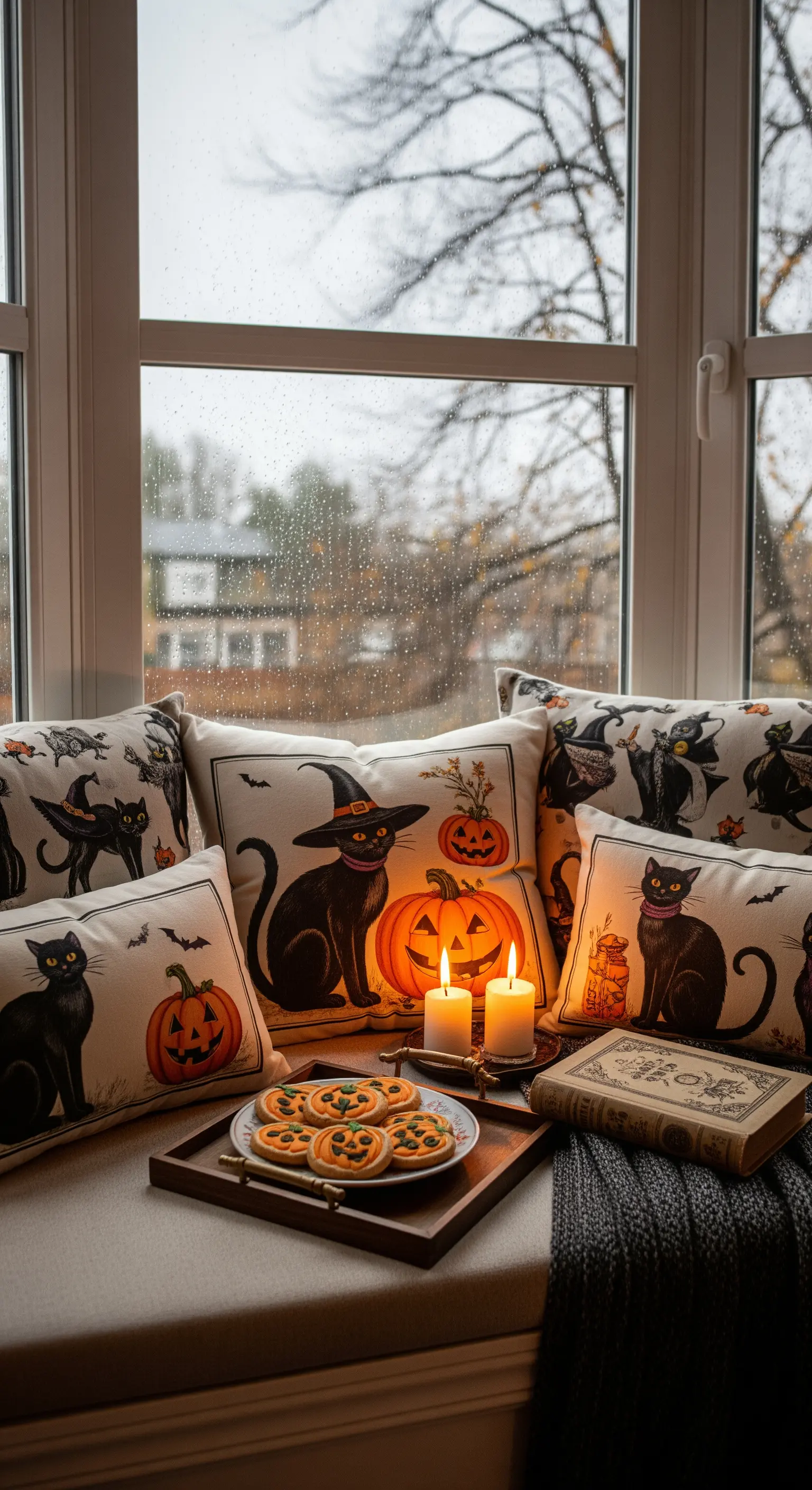 Fensterbank mit Katzen-Kissen und Kerzen