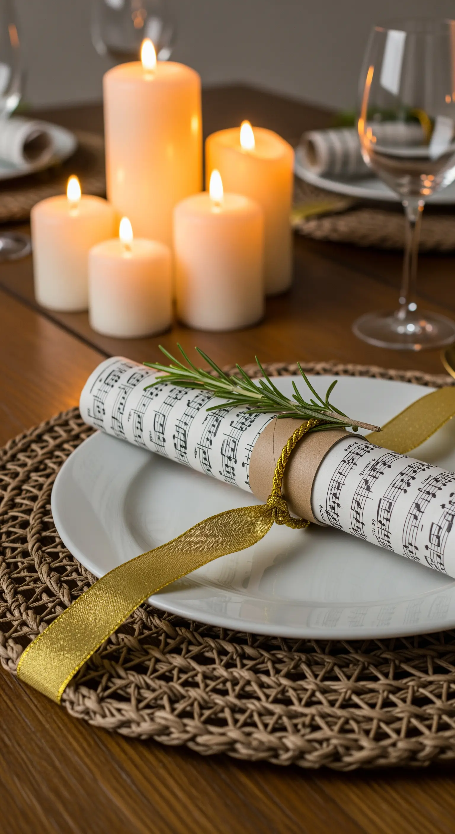 Notenblatt als Serviettenbanderole mit Rosmarinzweig