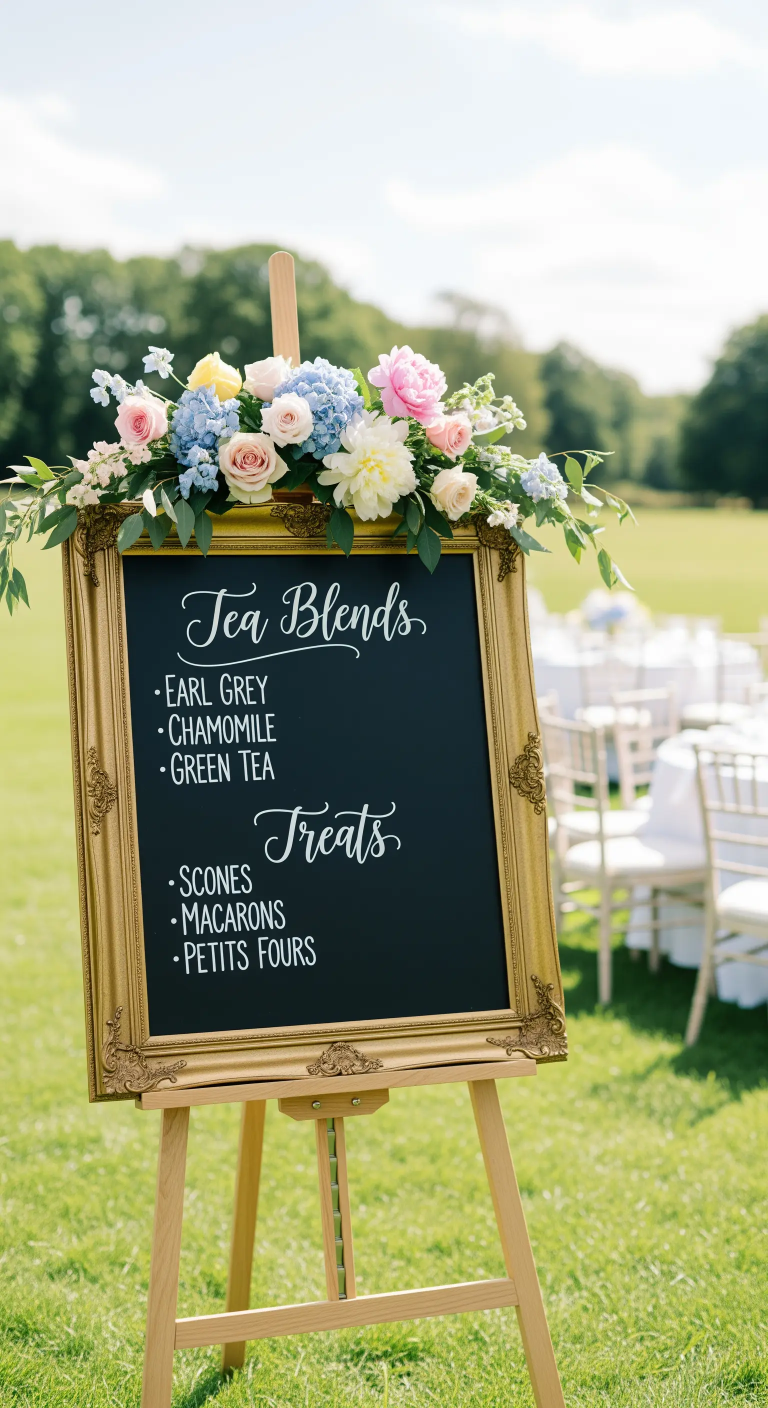 Goldener Rahmen auf Staffelei mit Menü-Beschriftung und Blumenschmuck