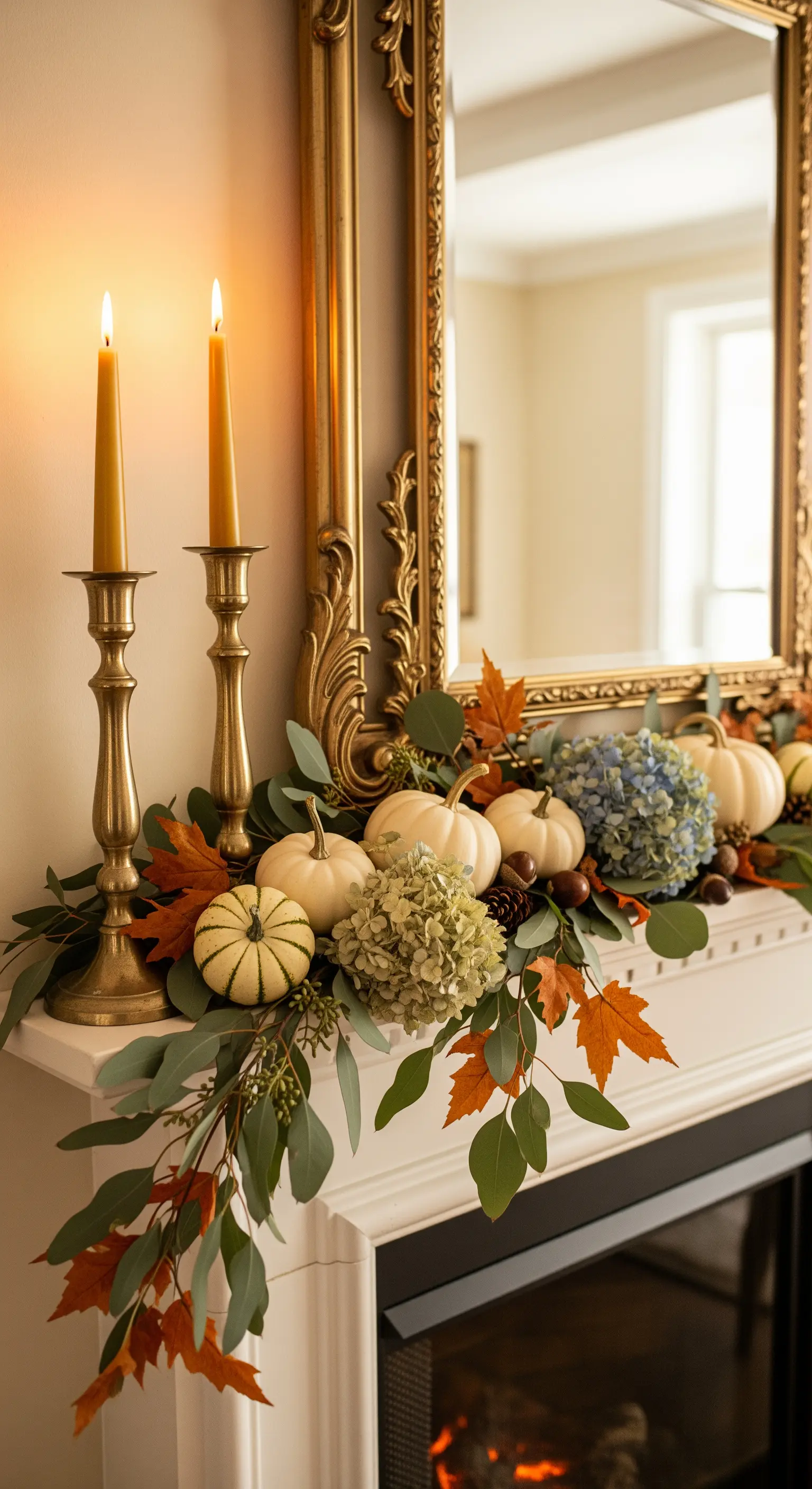 Weißer Kamin mit Goldspiegel, Kerzenständern und weißen Kürbissen