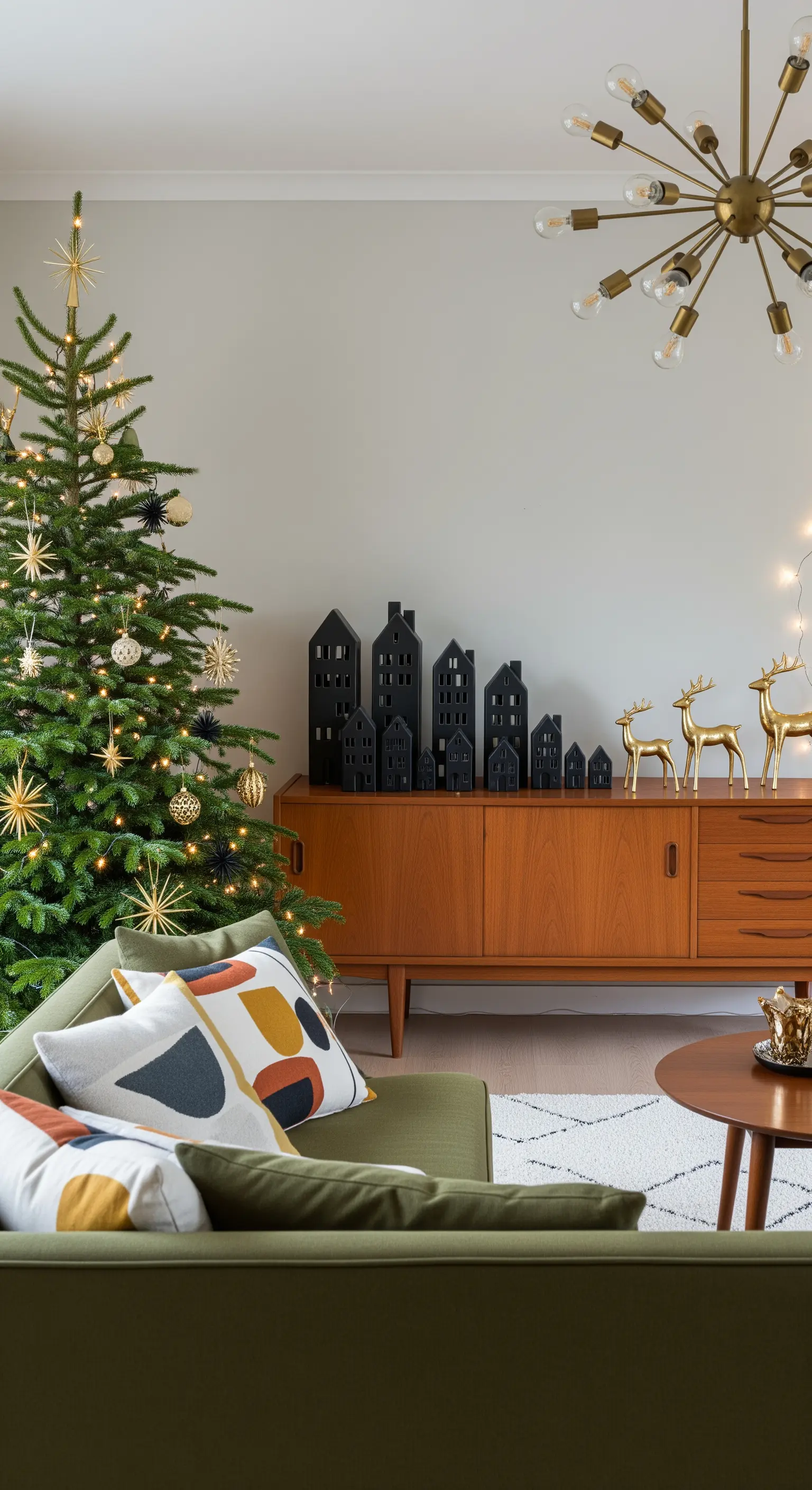 Weihnachtsbaum neben Sideboard mit schwarzen Lichthäusern