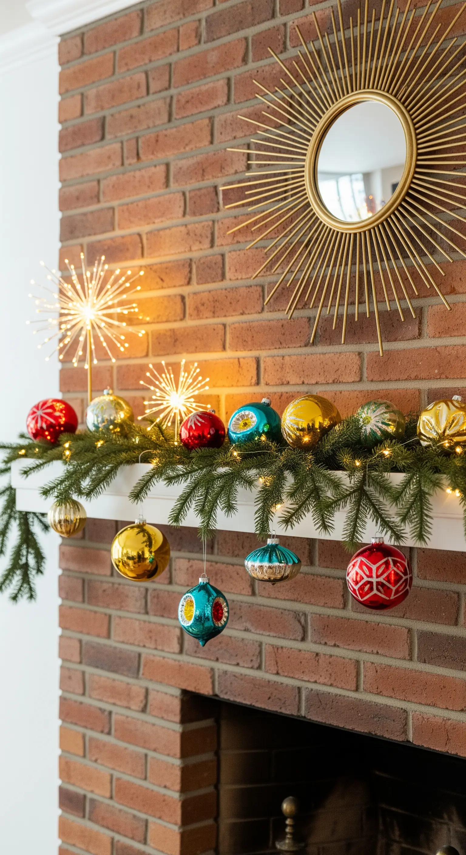 Mid-Century Kamin mit bunten Kugeln und Sonnen-Spiegel