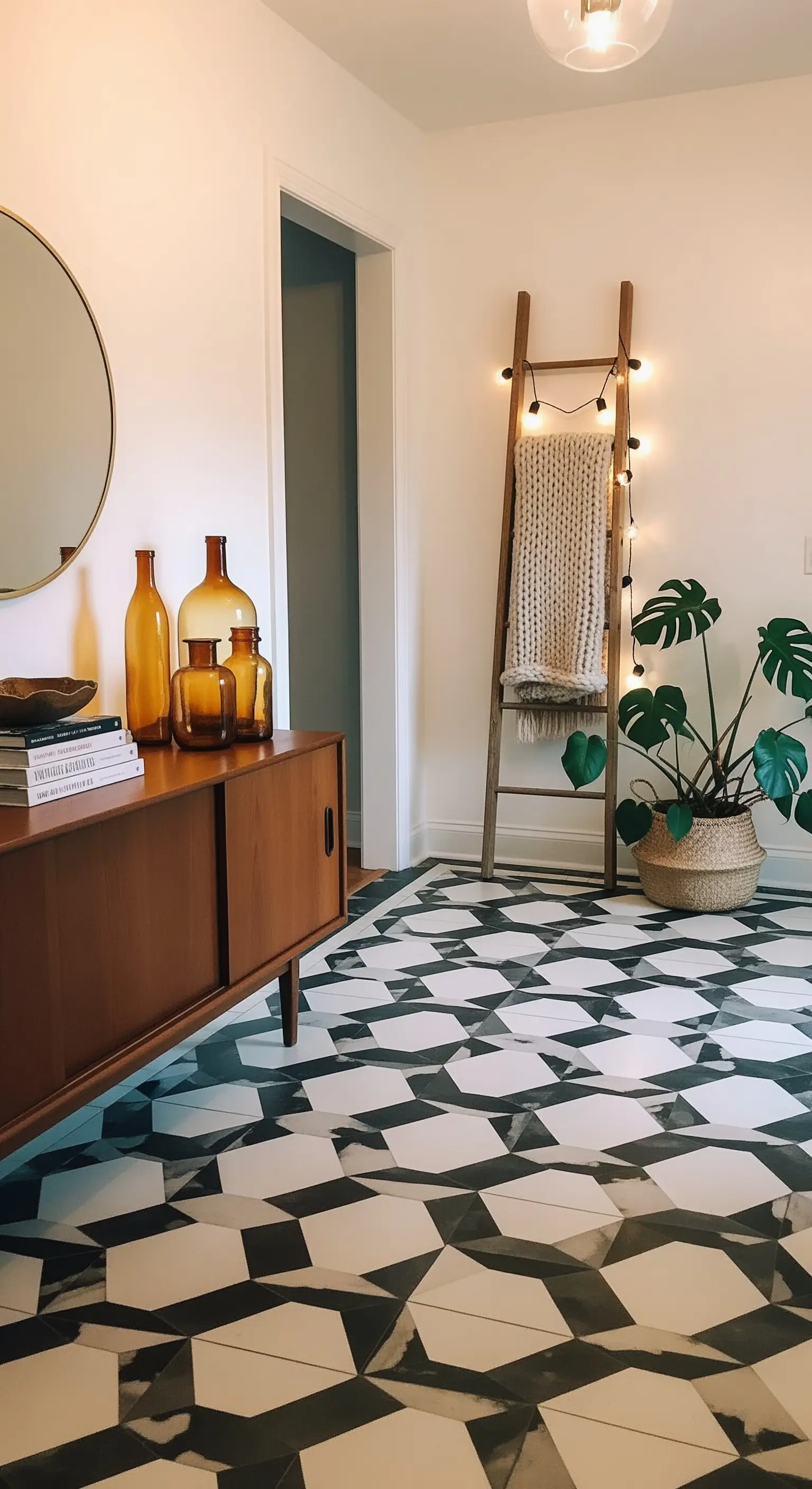 Flur mit geometrischen Fliesen und dekorativer Holzleiter