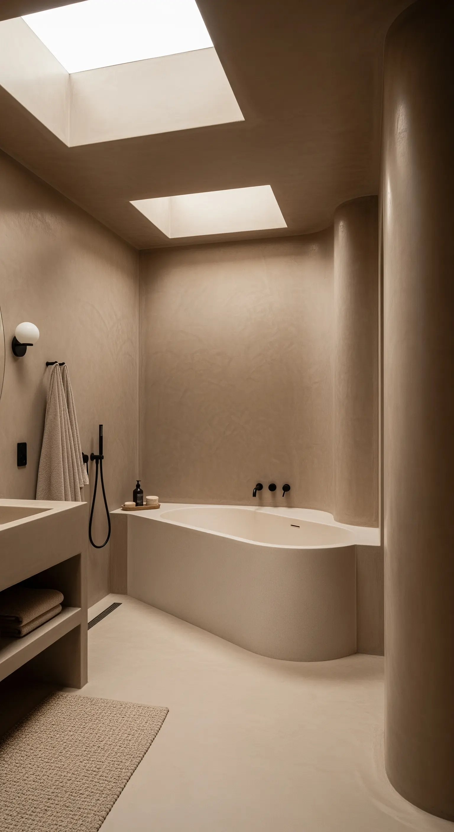 Minimalistisches Bad komplett in beigem Mikrozement gestaltet