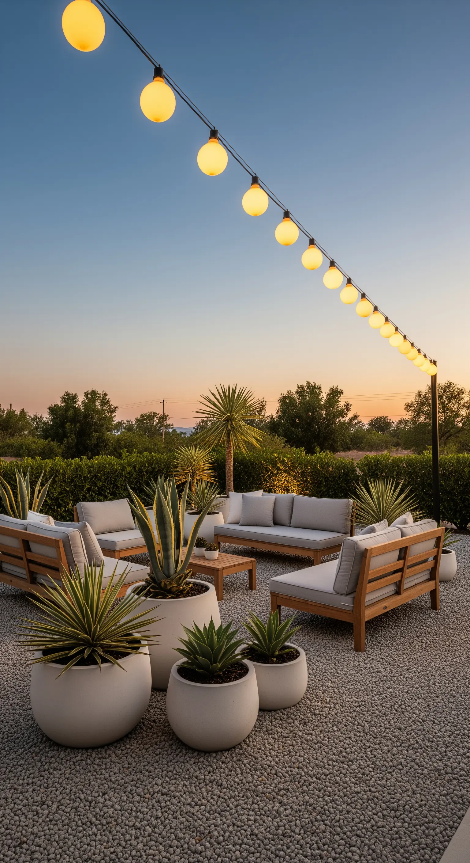 Minimalistische Lounge auf Kies mit skulpturalen Pflanzen