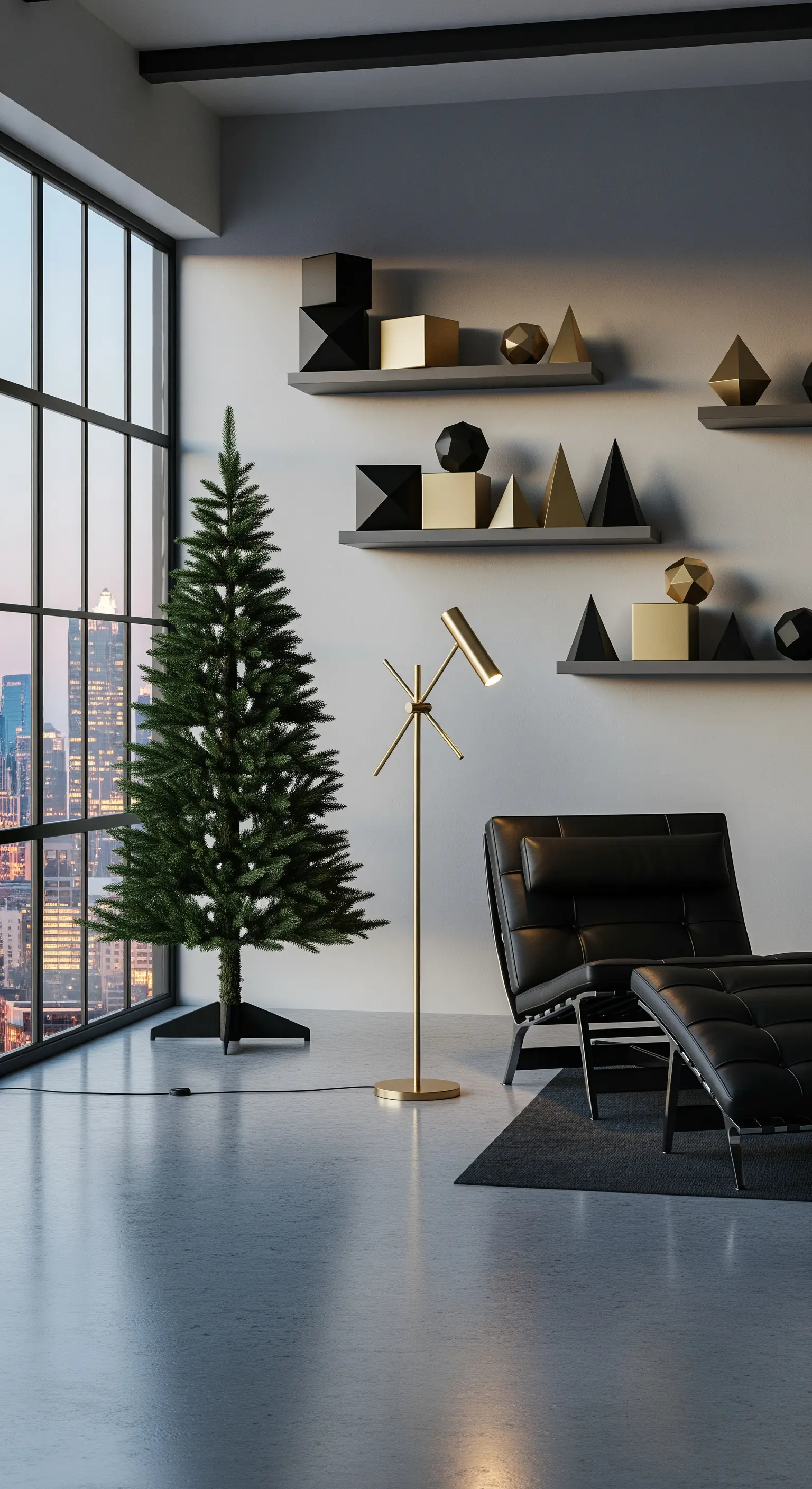 Schlichter Weihnachtsbaum in modernem Loft mit Betonboden