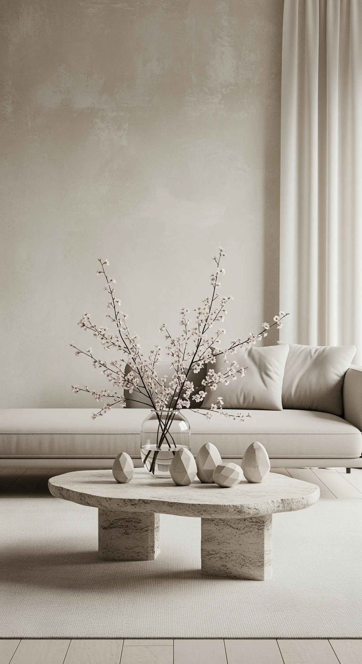 Minimalistisches Wohnzimmer mit Steintisch und geometrischen Eiern