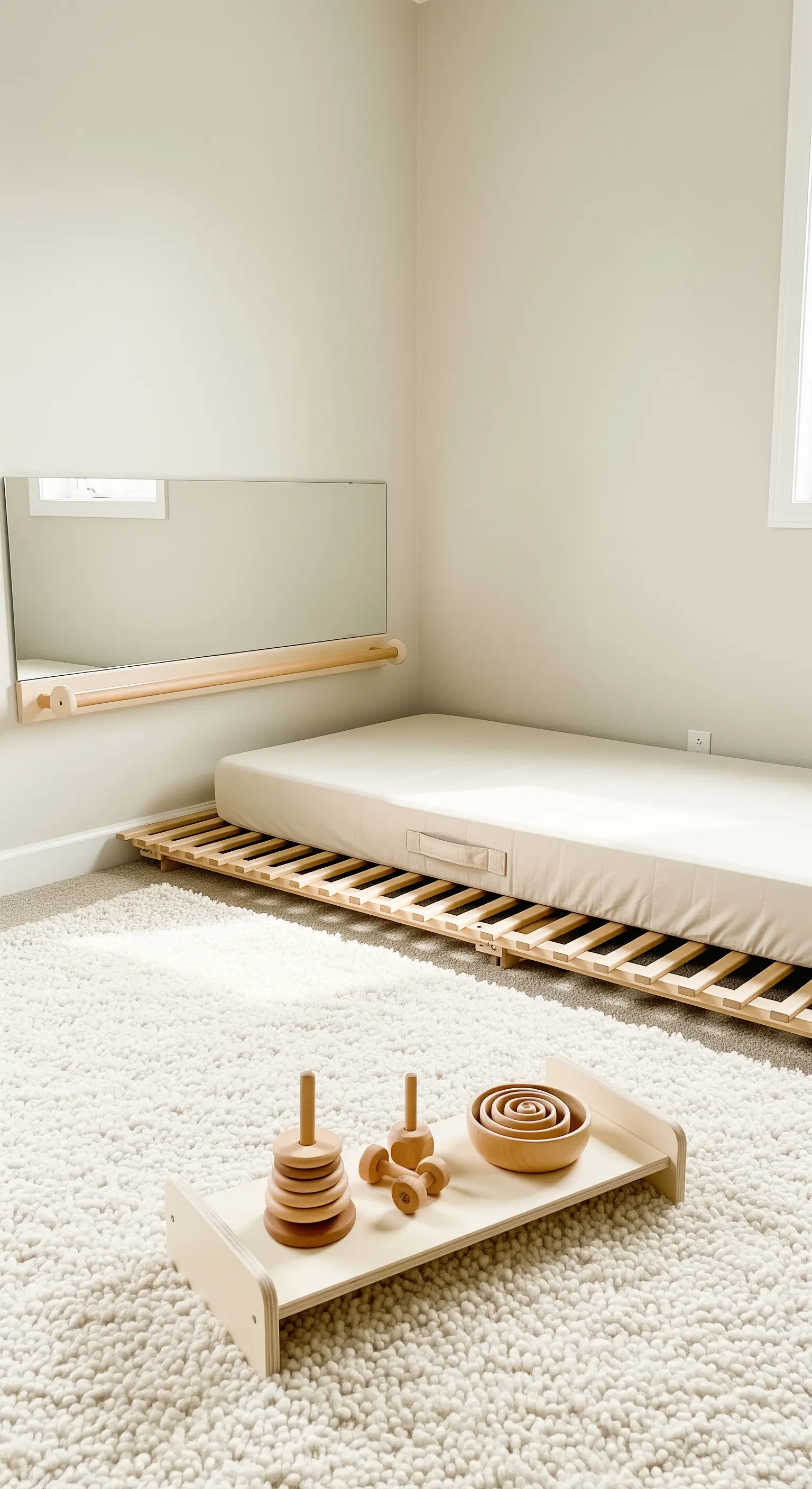 Montessori-Bodenbett mit horizontalem Spiegel und weißem Teppich
