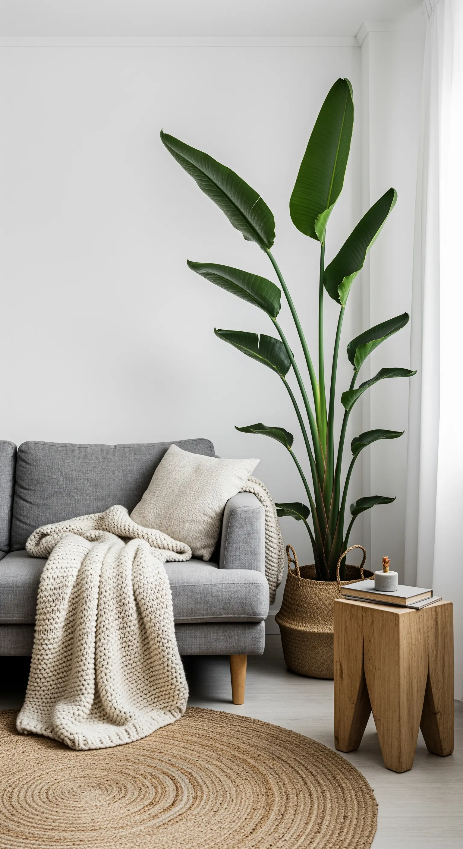 Graues Sofa mit riesiger Strelitzie als einzigem Deko-Element