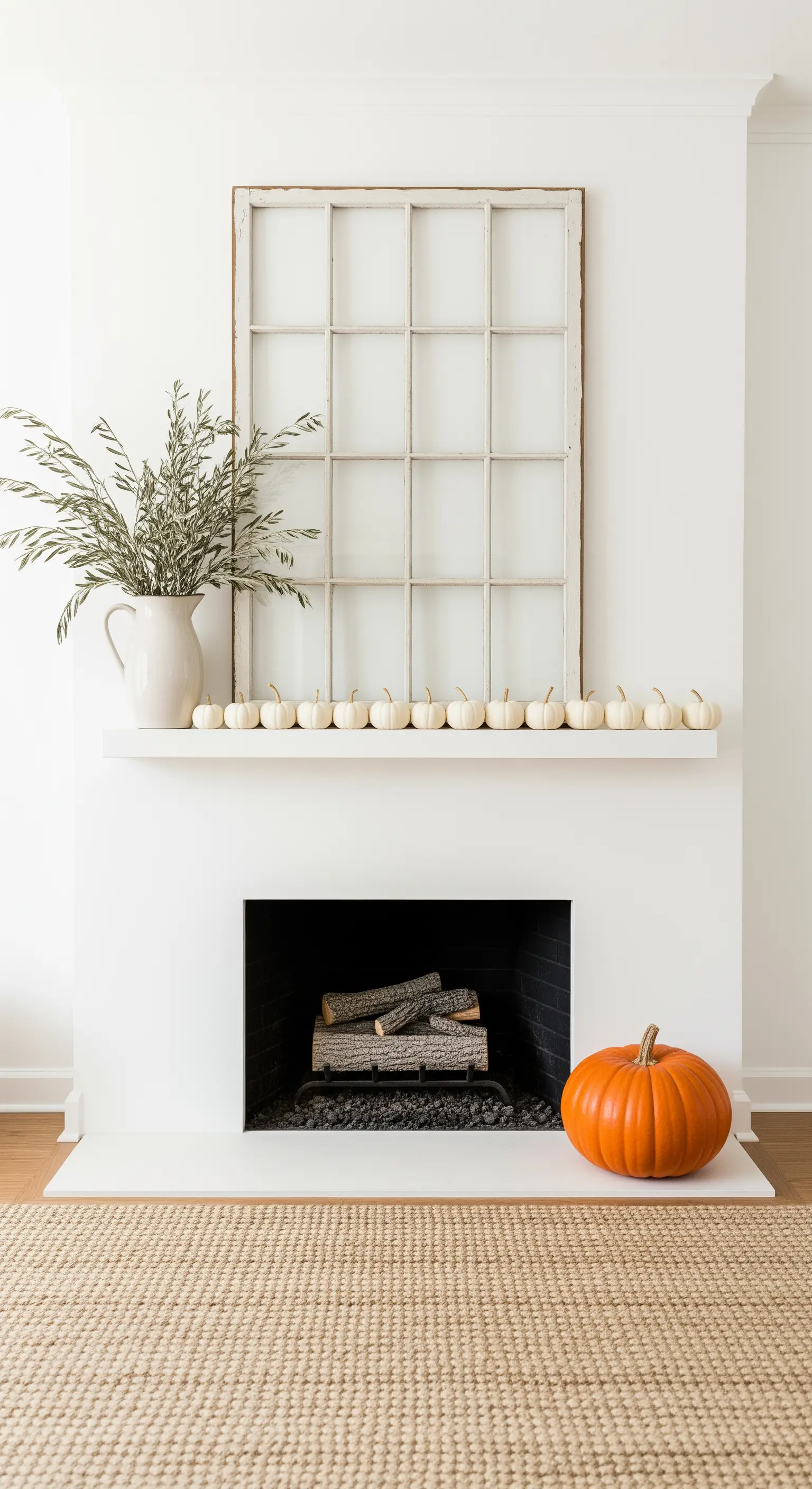 Weißer Kamin mit altem Fensterrahmen und Olivenzweigen