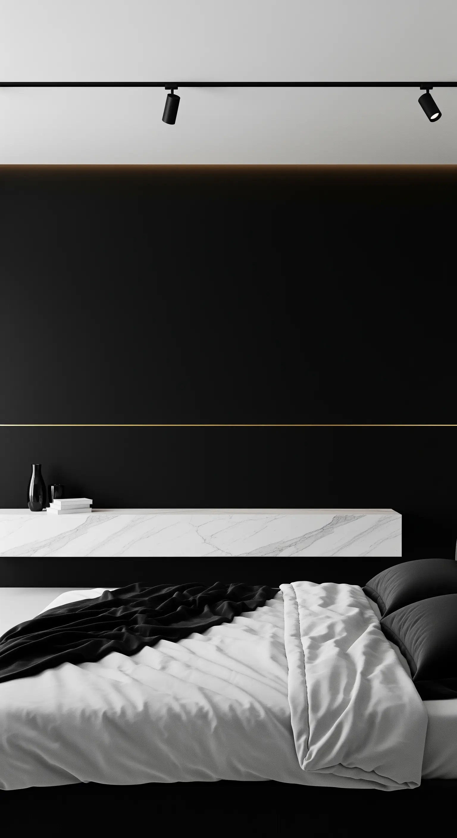 Schwarze Wand mit einer goldenen Linie und Marmorablage