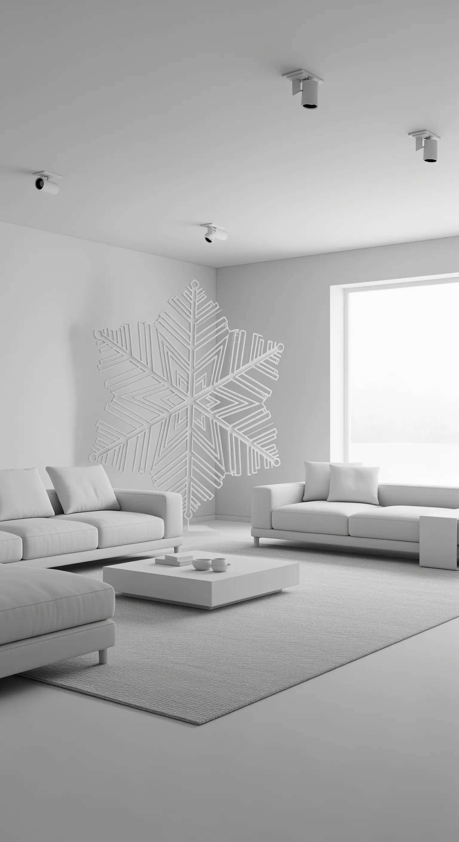 Große weiße 3D-Schneeflocke an weißer Wand im Wohnzimmer