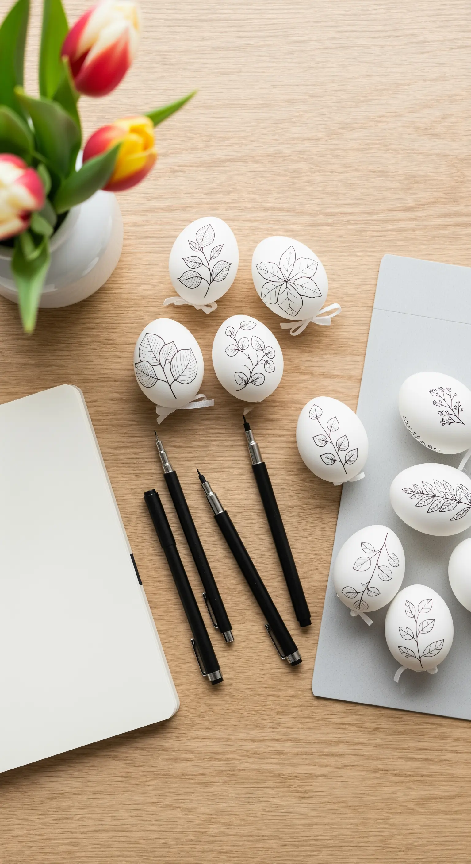 Weiße Ostereier mit schwarzen Blattzeichnungen und Stiften