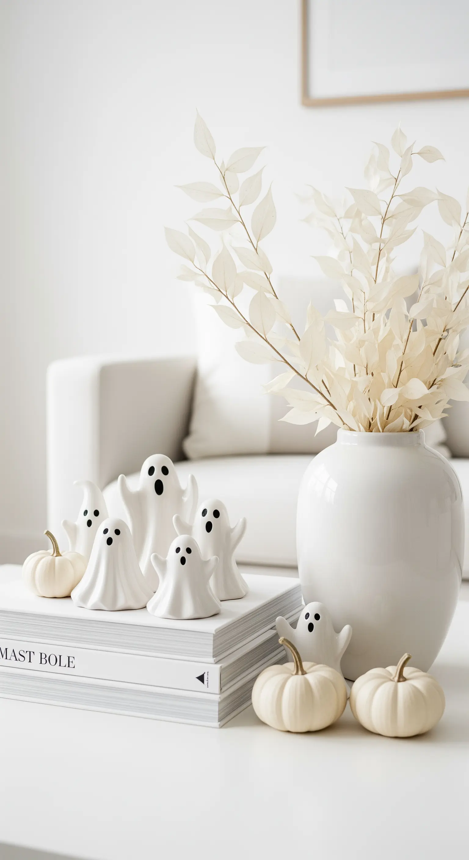 Weiße Keramik-Geister und Trockenblumen auf Bücherstapel