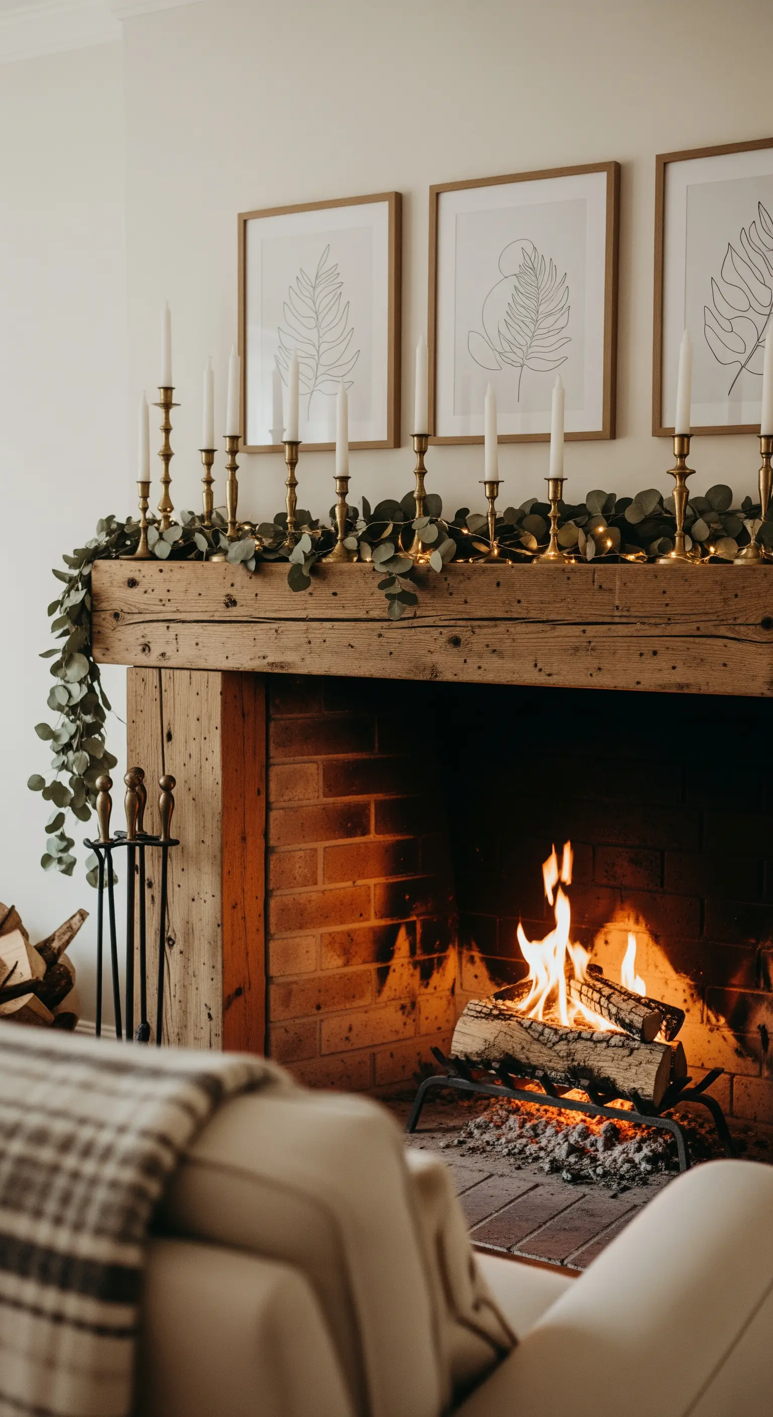 Holz-Kaminsims mit Eukalyptus-Girlande und brennendem Feuer