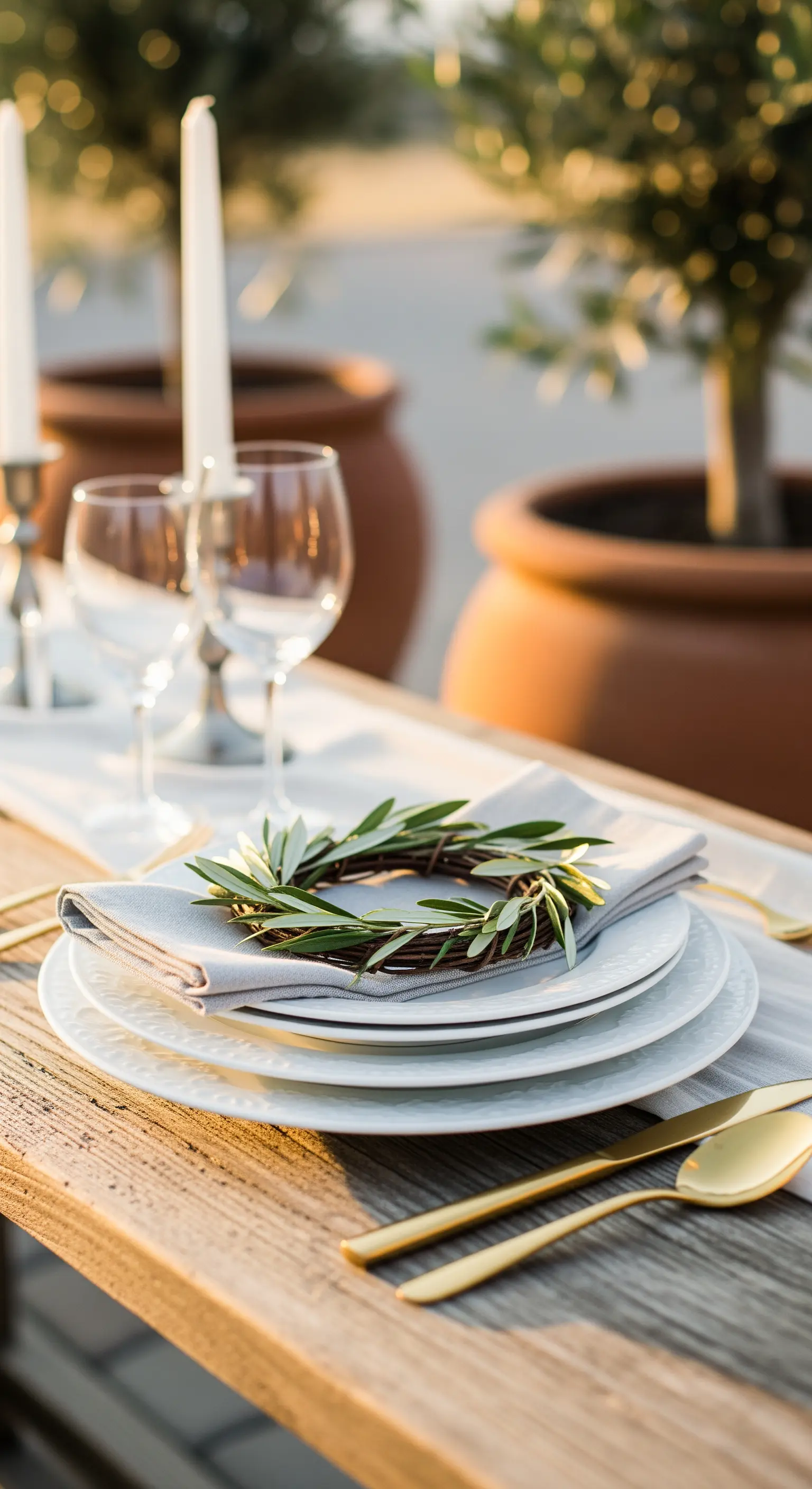 Minimalistischer Olivenkranz auf Serviette mit Terrakotta-Töpfen