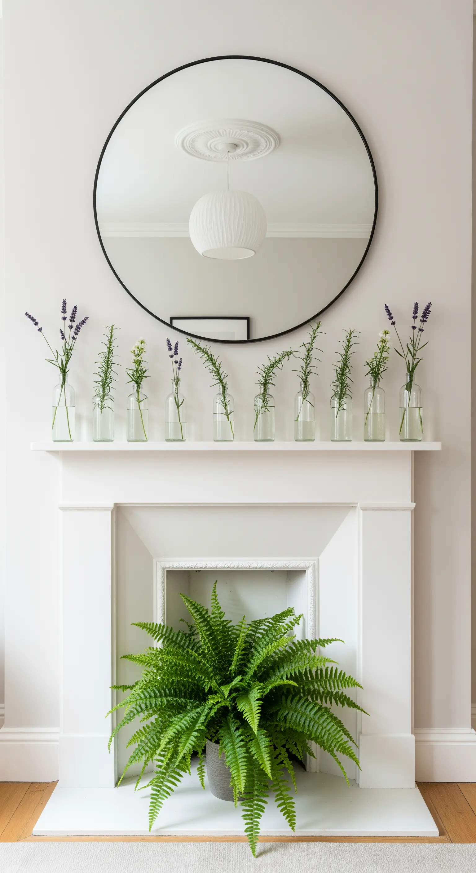 Reihe von Glasflaschen mit einzelnen grünen Zweigen