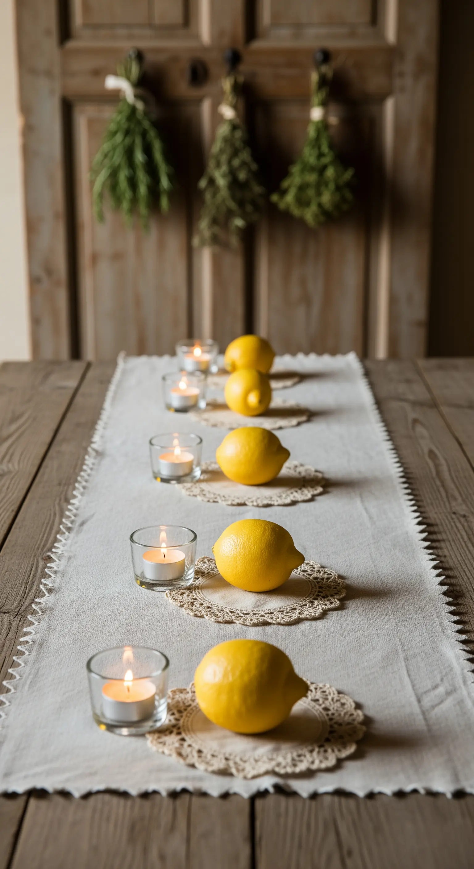 Leinenläufer mit symmetrisch angeordneten Zitronen und Kerzen
