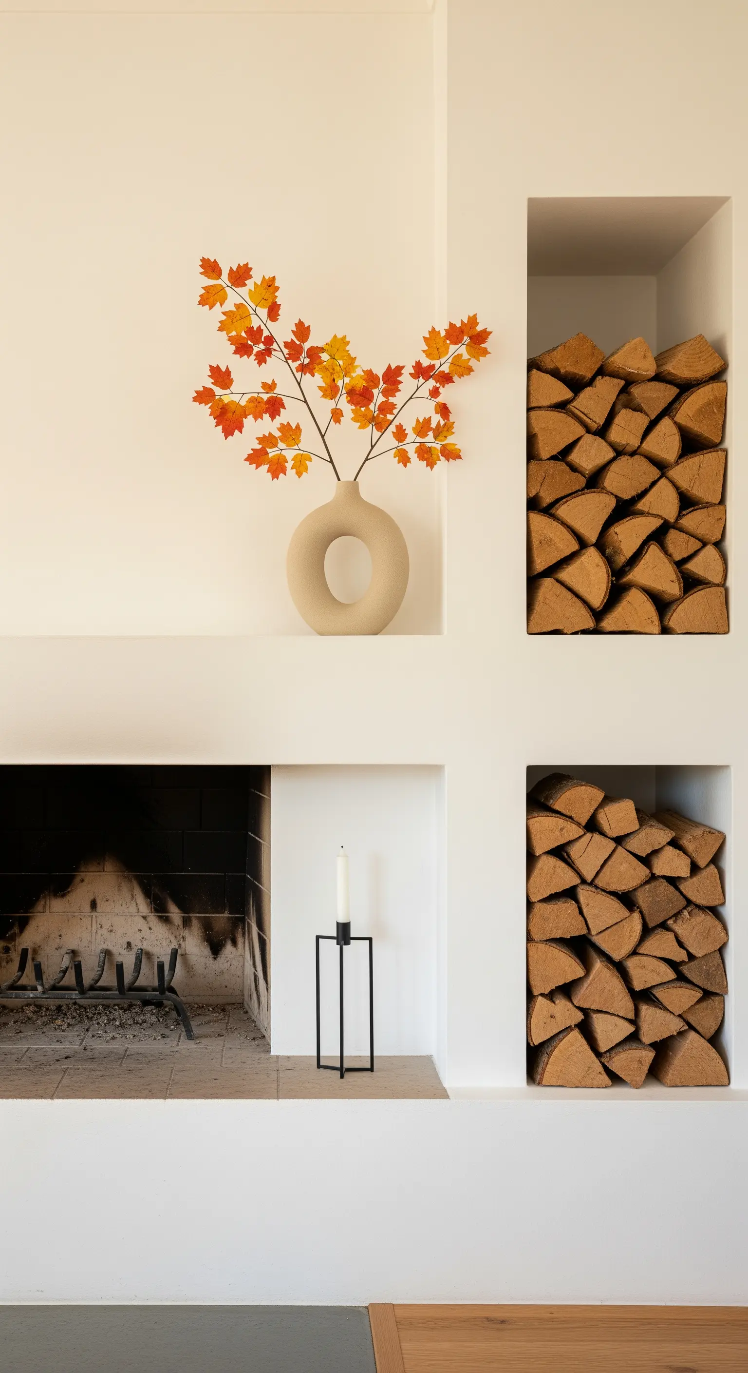 Moderner weißer Kamin mit Nischen für Holz und minimalistischer Vase