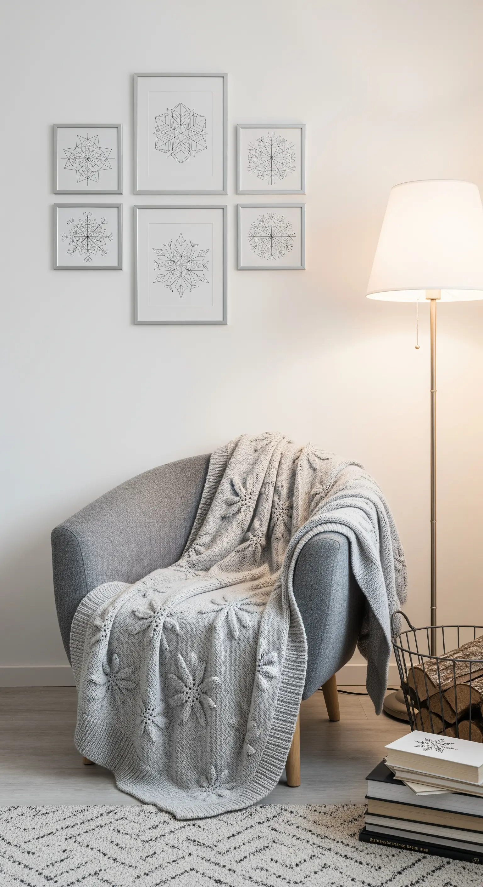 Galeriewand mit fünf gerahmten Schneeflocken-Prints über grauem Sessel