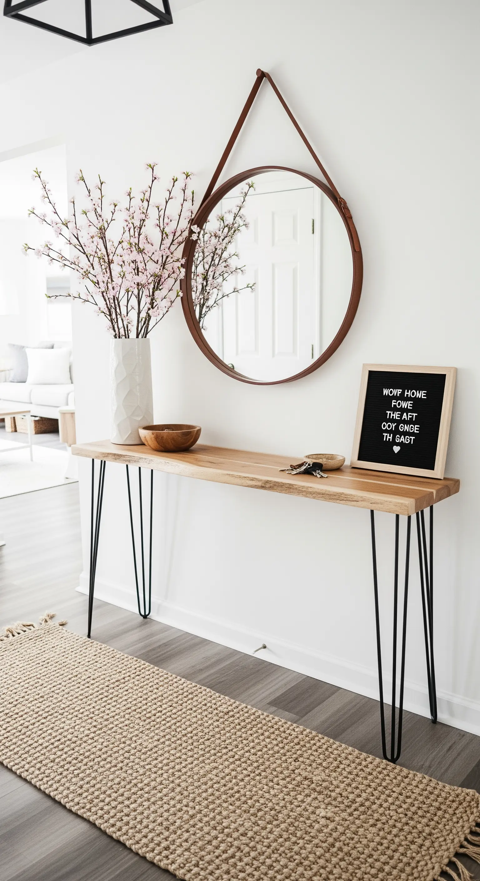 Holzkonsole mit Kirschblütenzweigen und rundem Spiegel