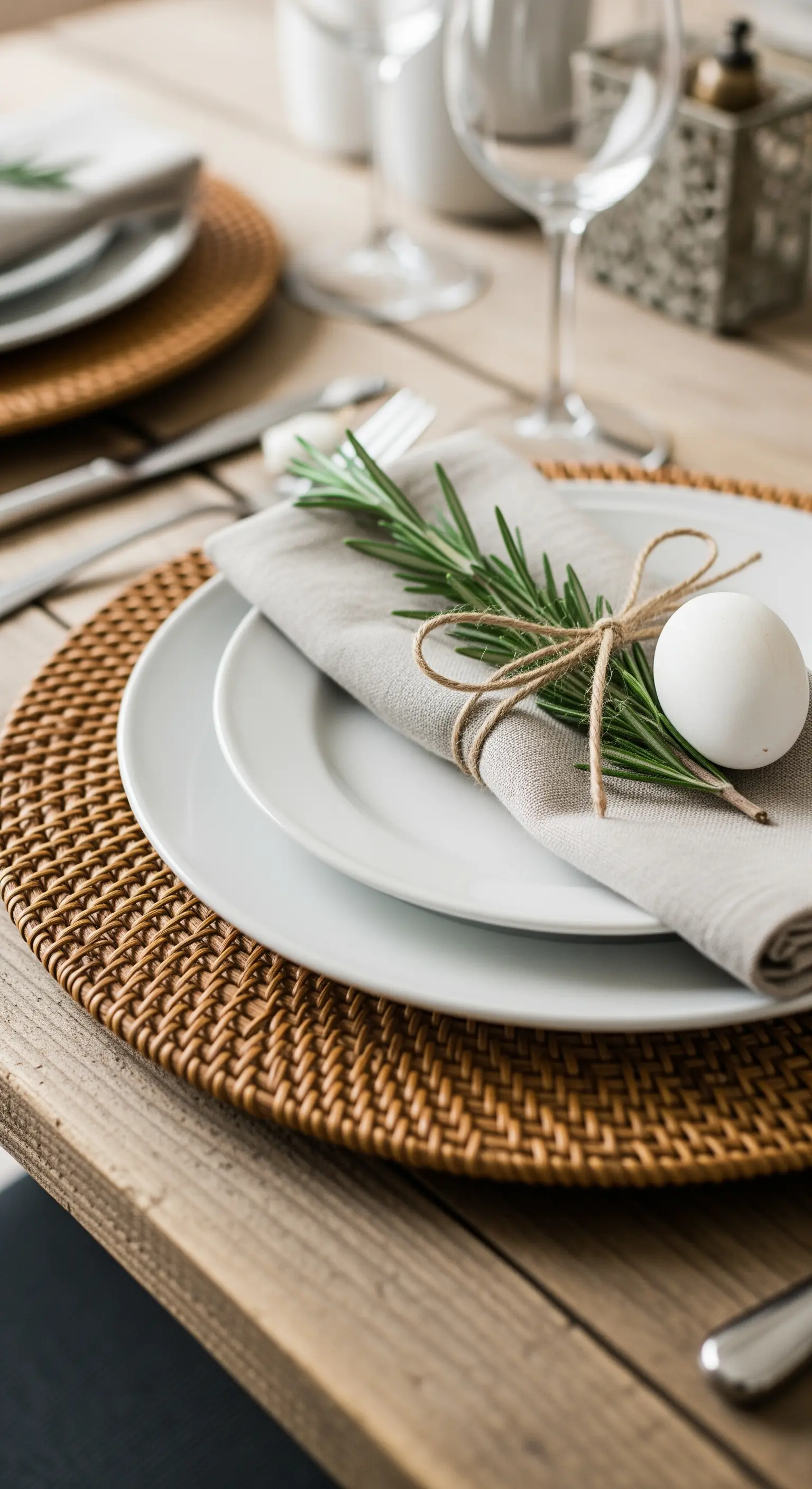 Tellergedeck mit Rattan-Platzset, Leinen-Serviette und Rosmarinzweig