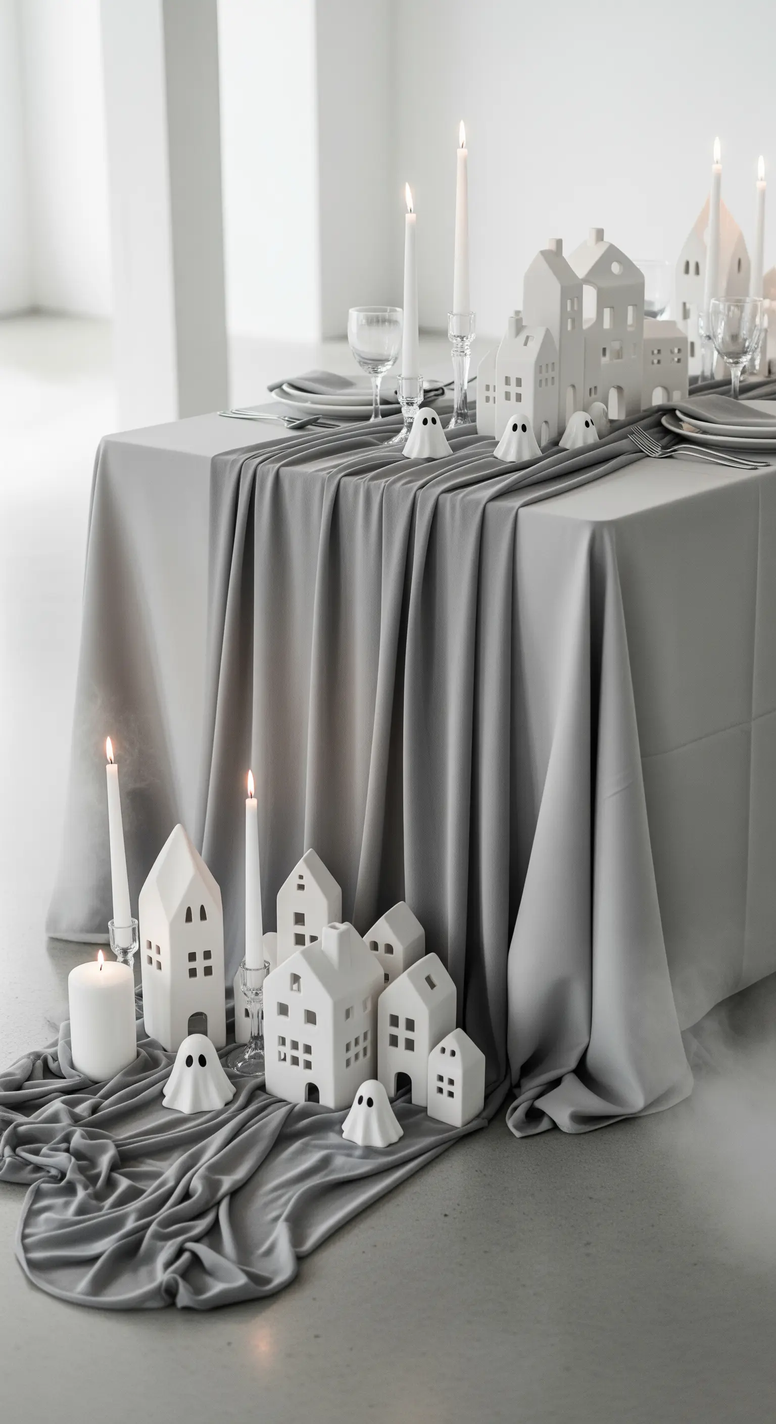 Weiße Keramikhäuser und kleine Geister auf grauem Stoffläufer