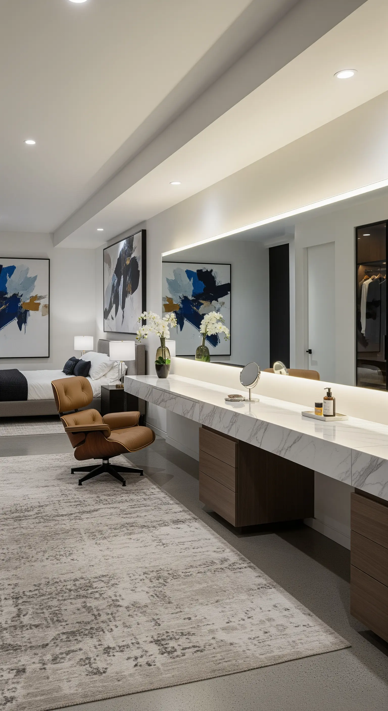 Langes Marmor-Board als Schminktisch mit Design-Sessel