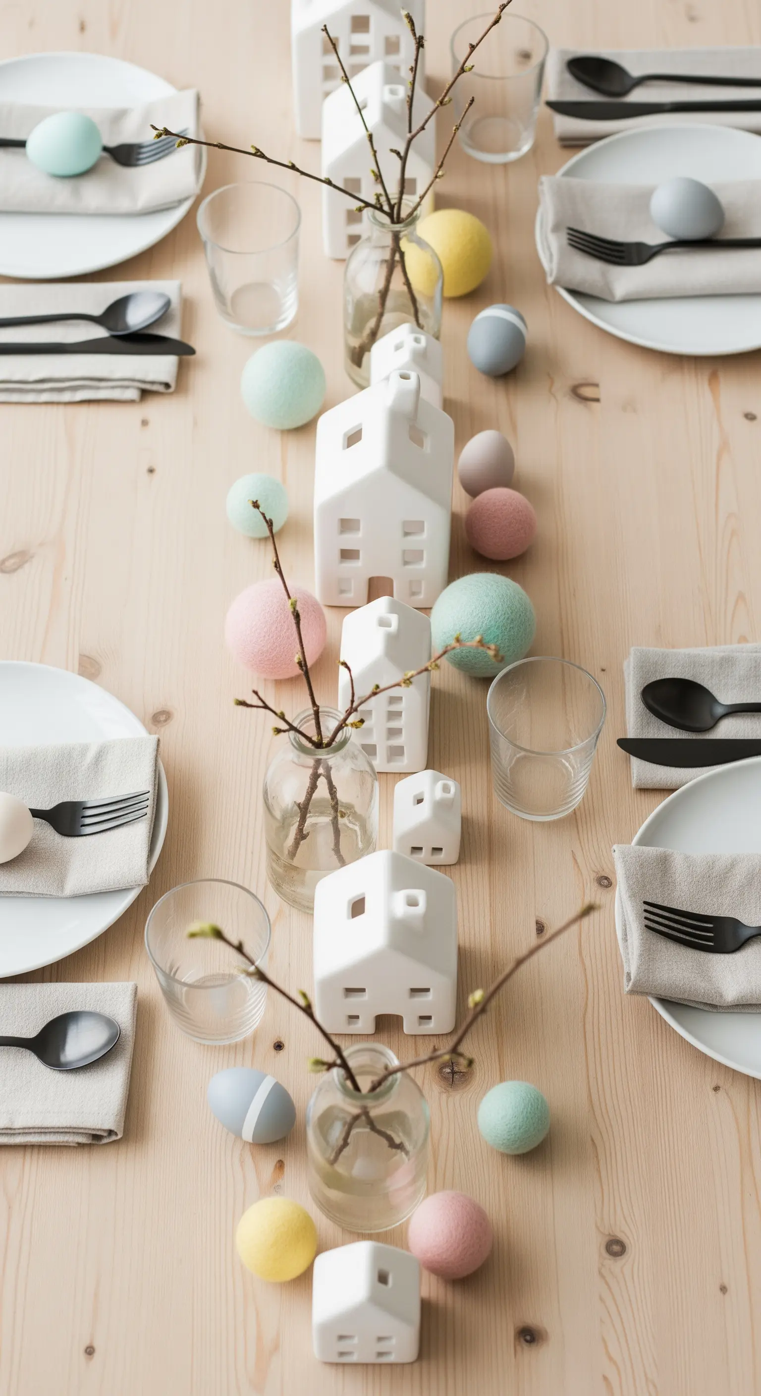 Weiße Lichthäuser und Keramik-Eier auf Holztisch