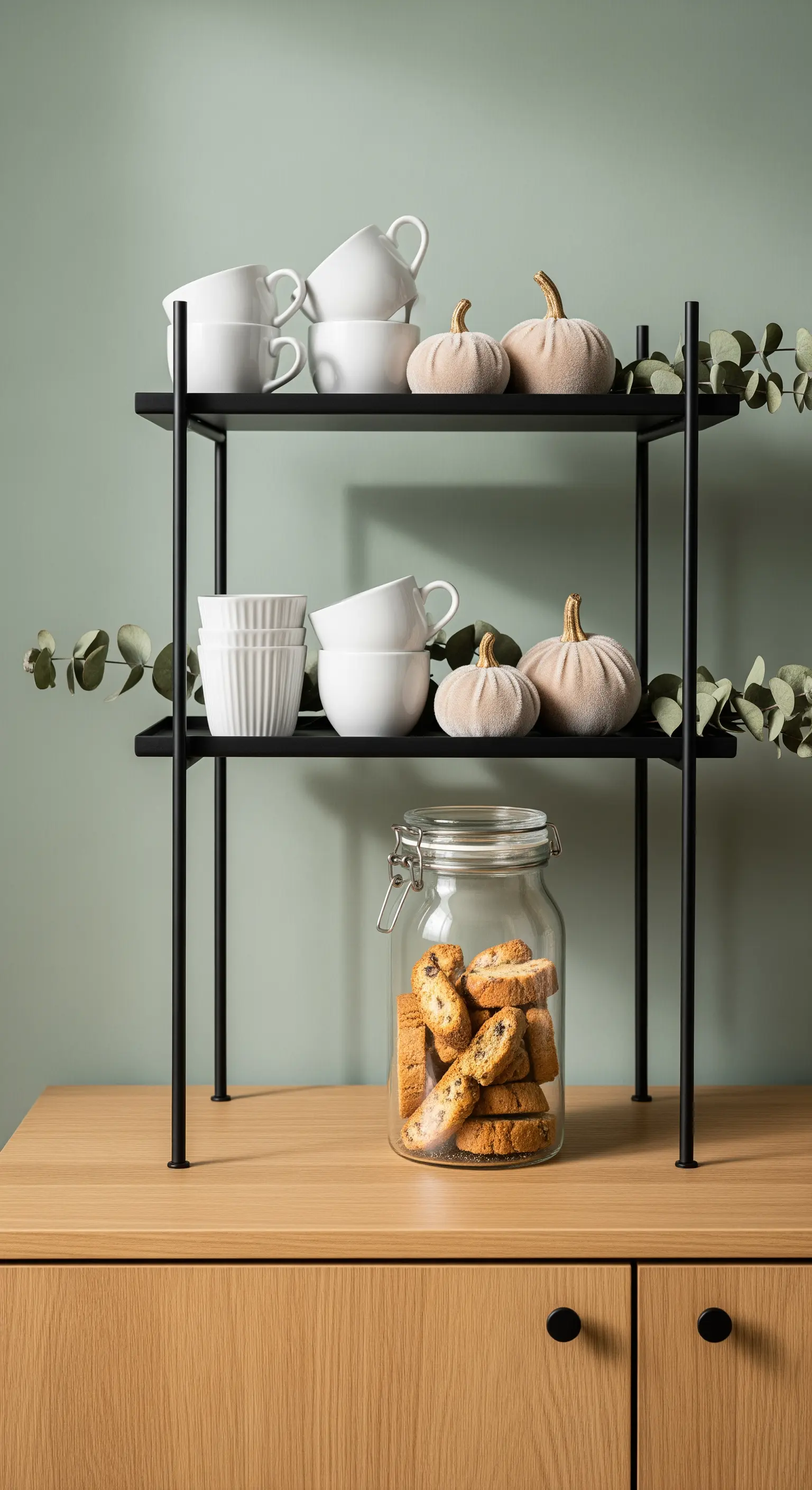 Schwarzes Metallregal mit weißen Tassen, Samtkürbissen und Biscotti-Glas