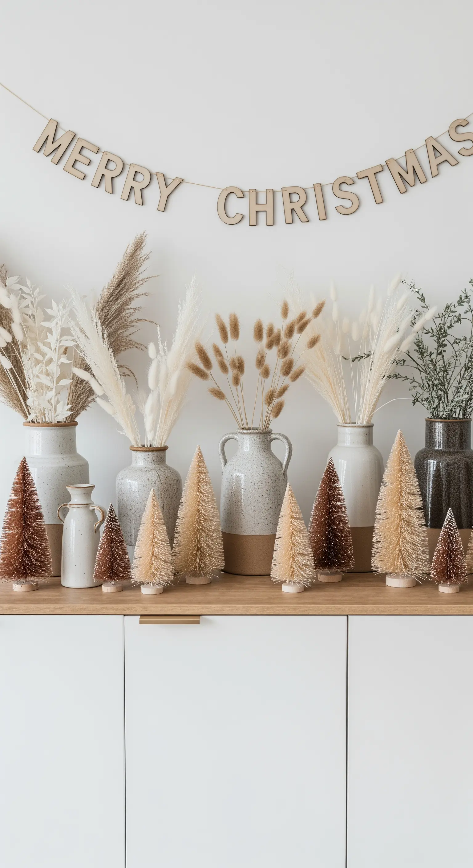 Sideboard mit beigen Flaschenbürsten-Bäumen und Keramikvasen