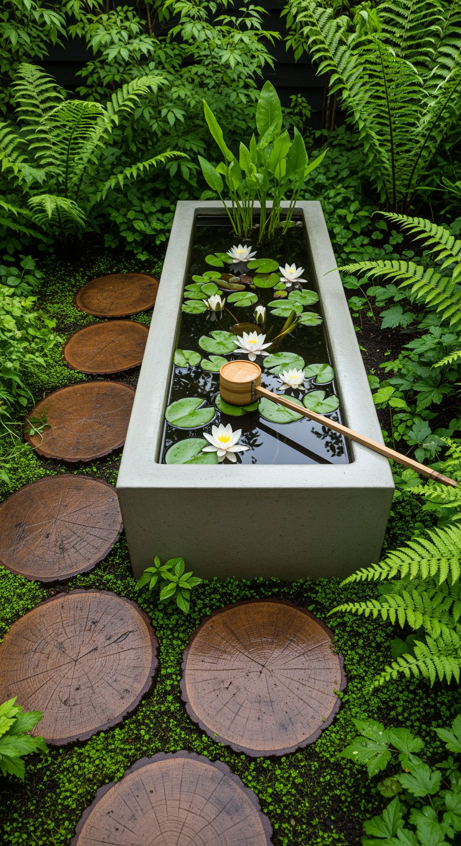 Rechteckiger Wassertrog mit Seerosen und Holzschöpfkelle