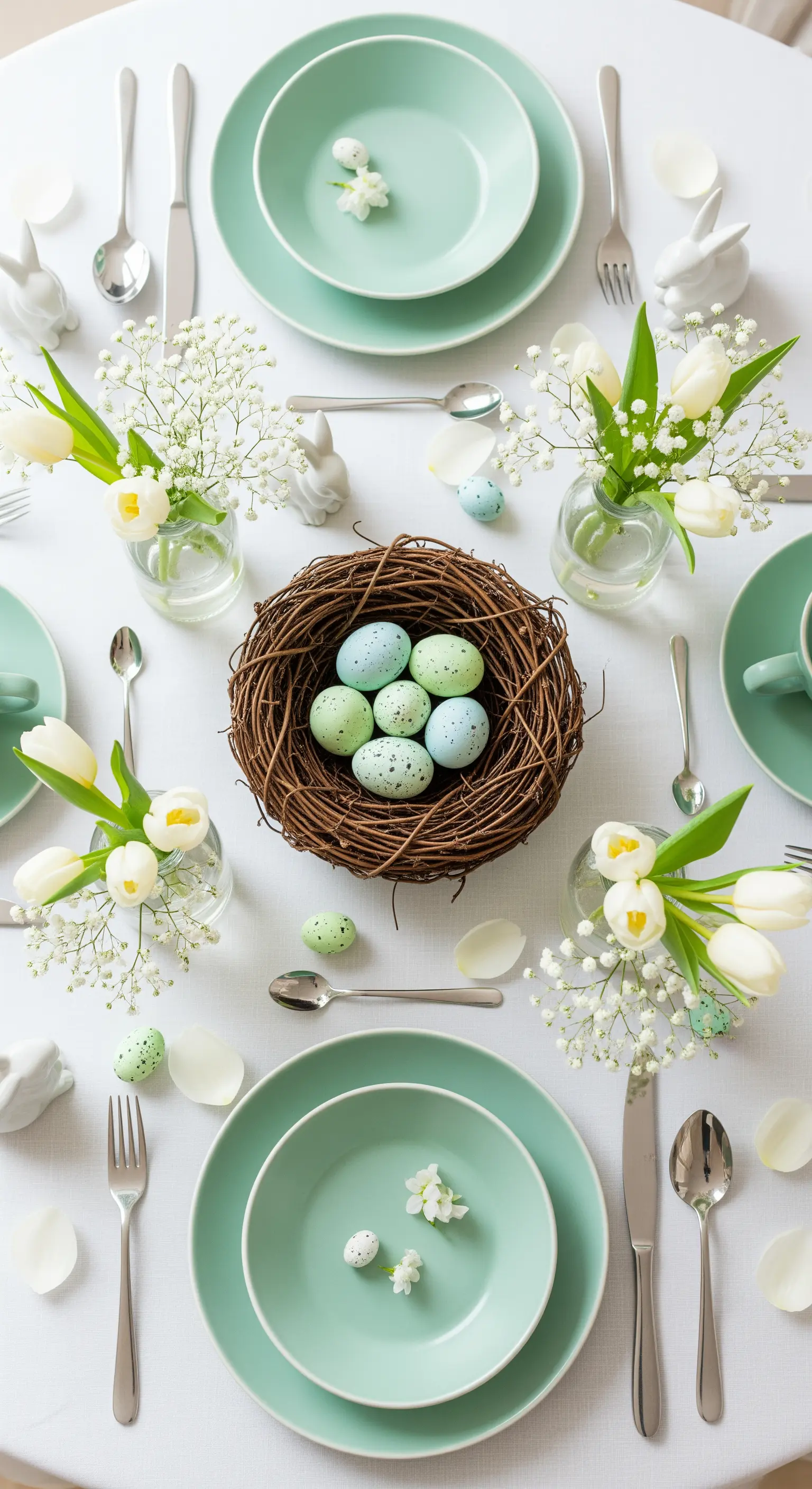 Mintgrünes Geschirrset mit weißen Tulpen und Osternest