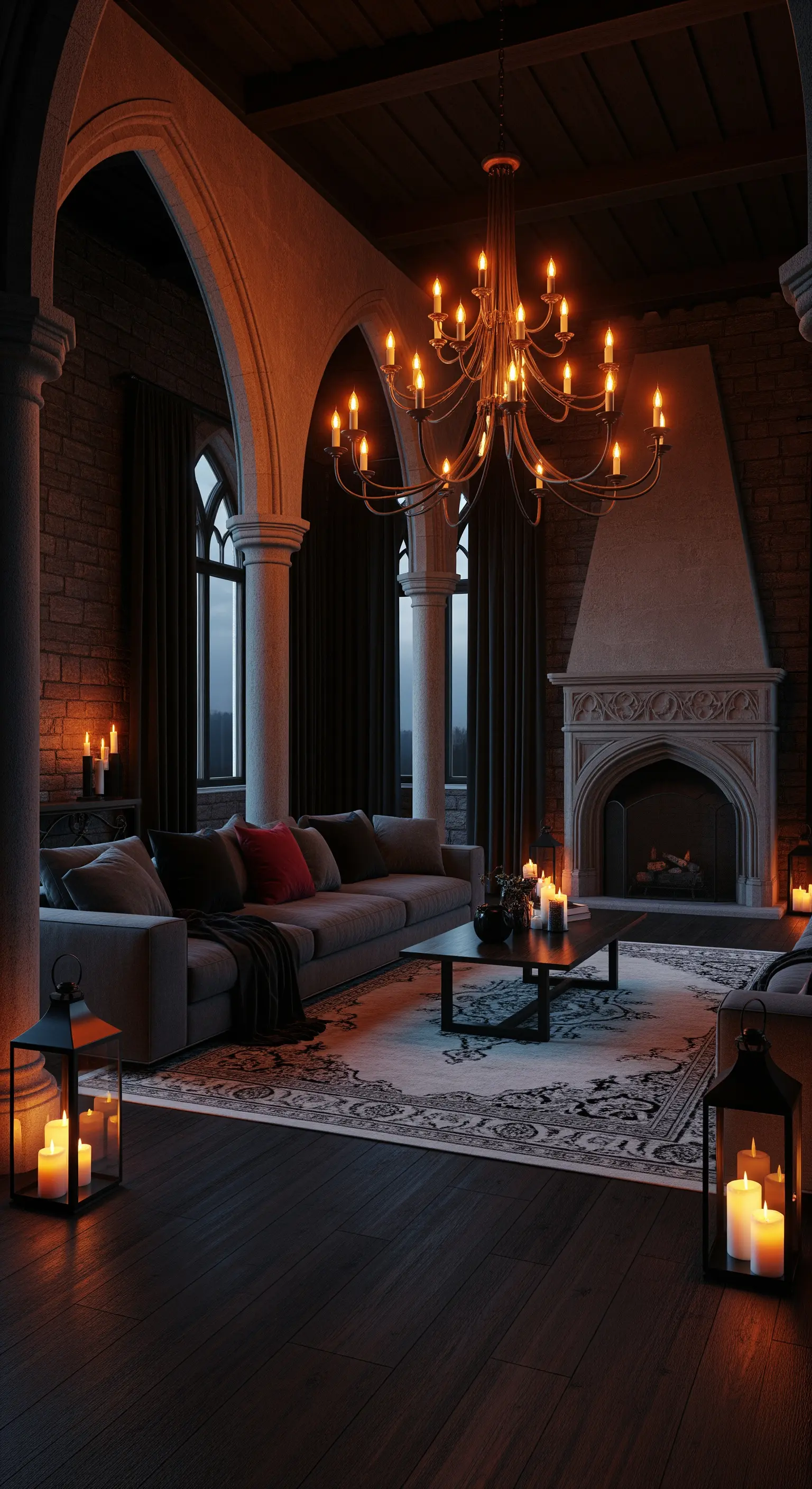 Großer Kronleuchter und Bodenlaternen im Steinraum