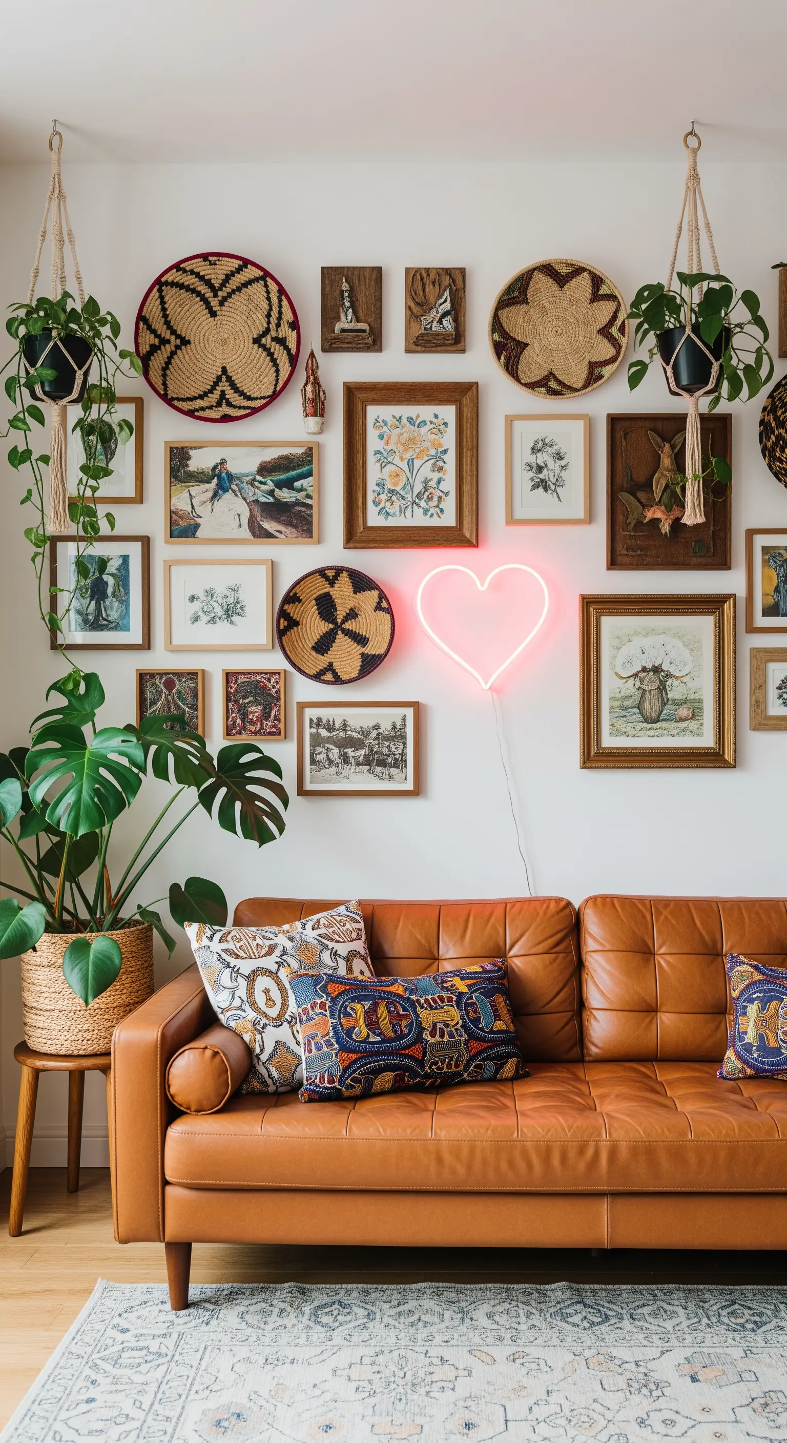 Wand mit Körben, Bildern und Neon-Herz über Ledersofa