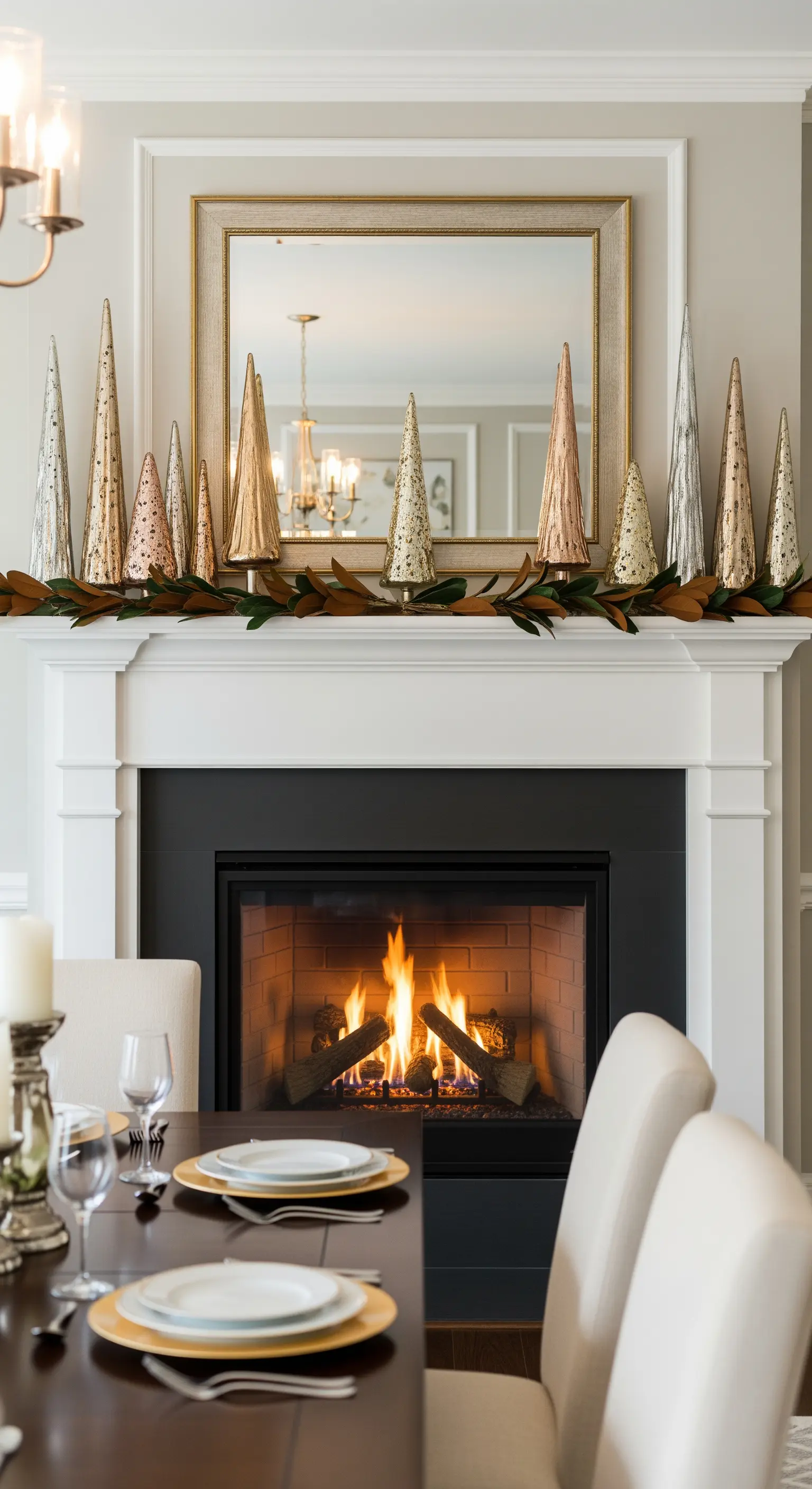 Weißer Kamin mit Sammlung aus metallischen Glaskegel-Bäumen und Magnolienblättern.