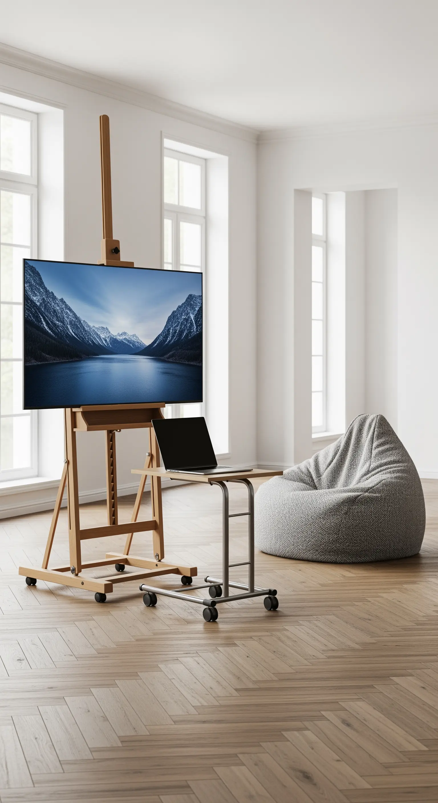 Mobiler Laptoptisch und TV-Staffelei im hellen Raum