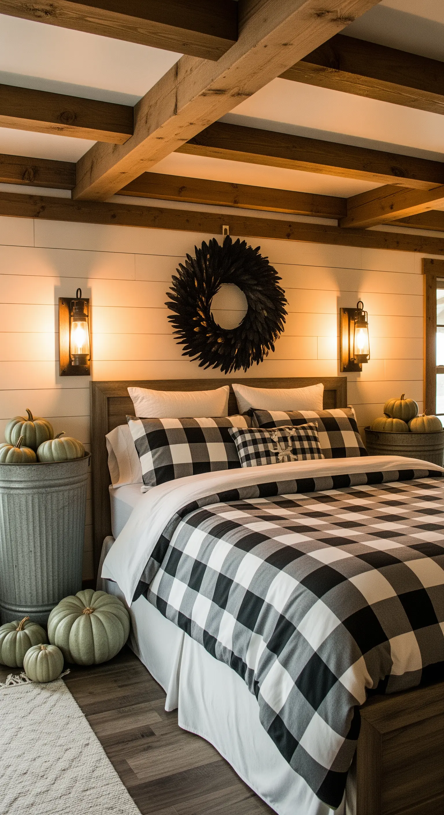 Bett mit Karo-Muster, schwarzem Kranz und Metallkorb