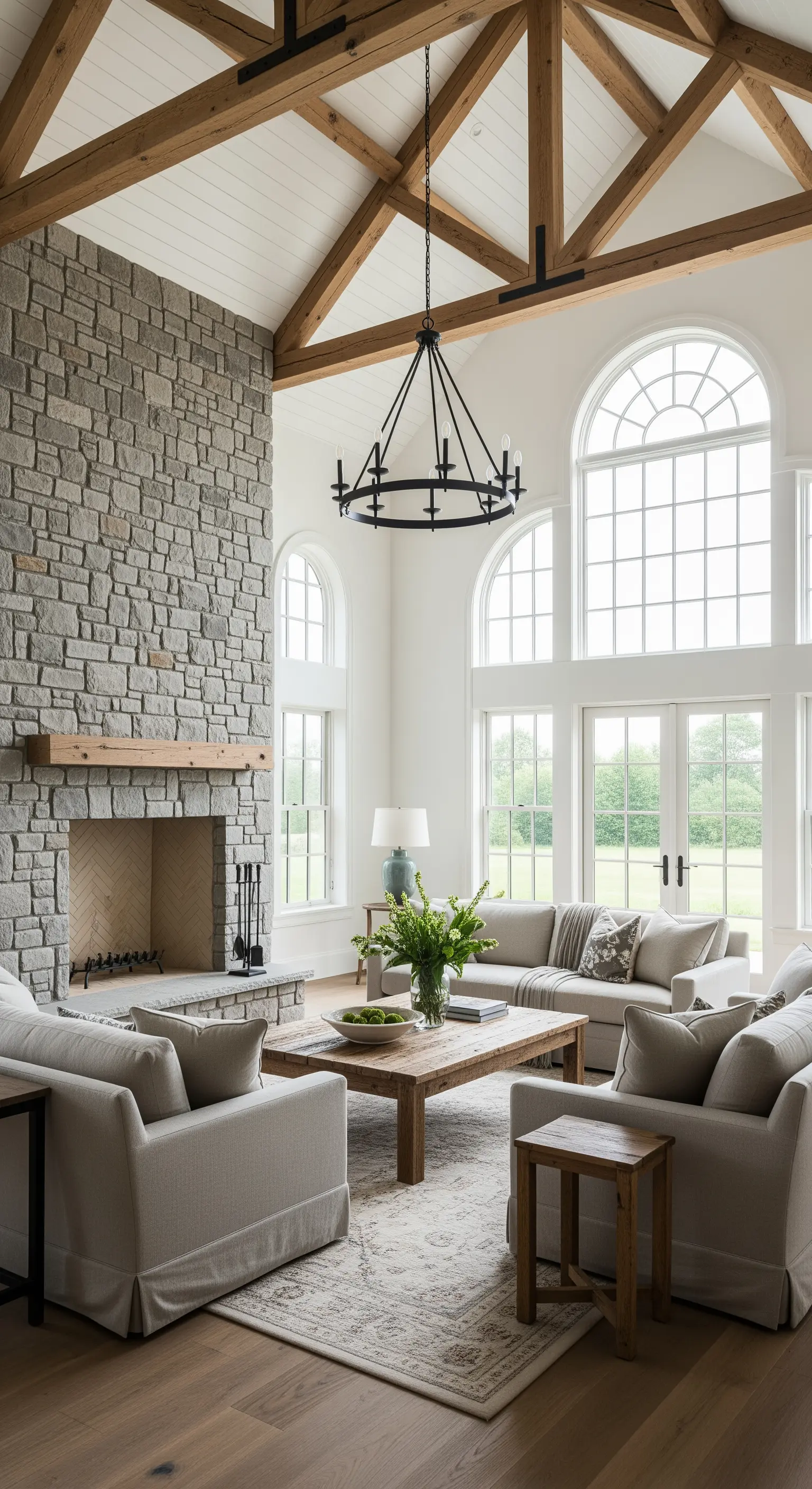 Hoher Raum mit Steinwand, Holzbalken und Leinensofas