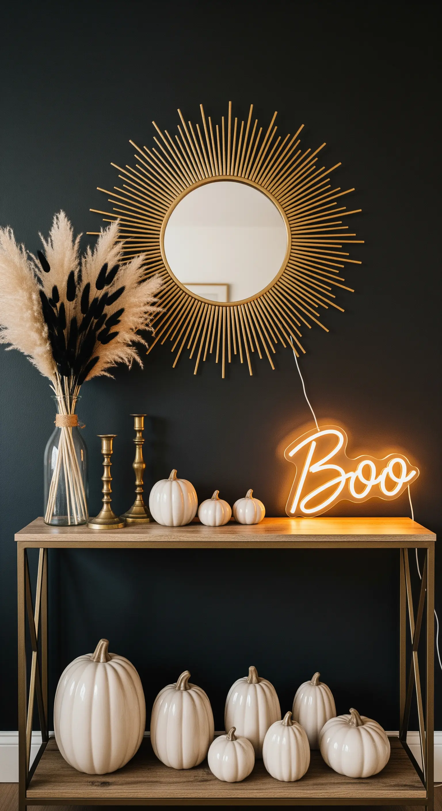 Konsole mit Neon-Schriftzug und schwarzem Pampasgras