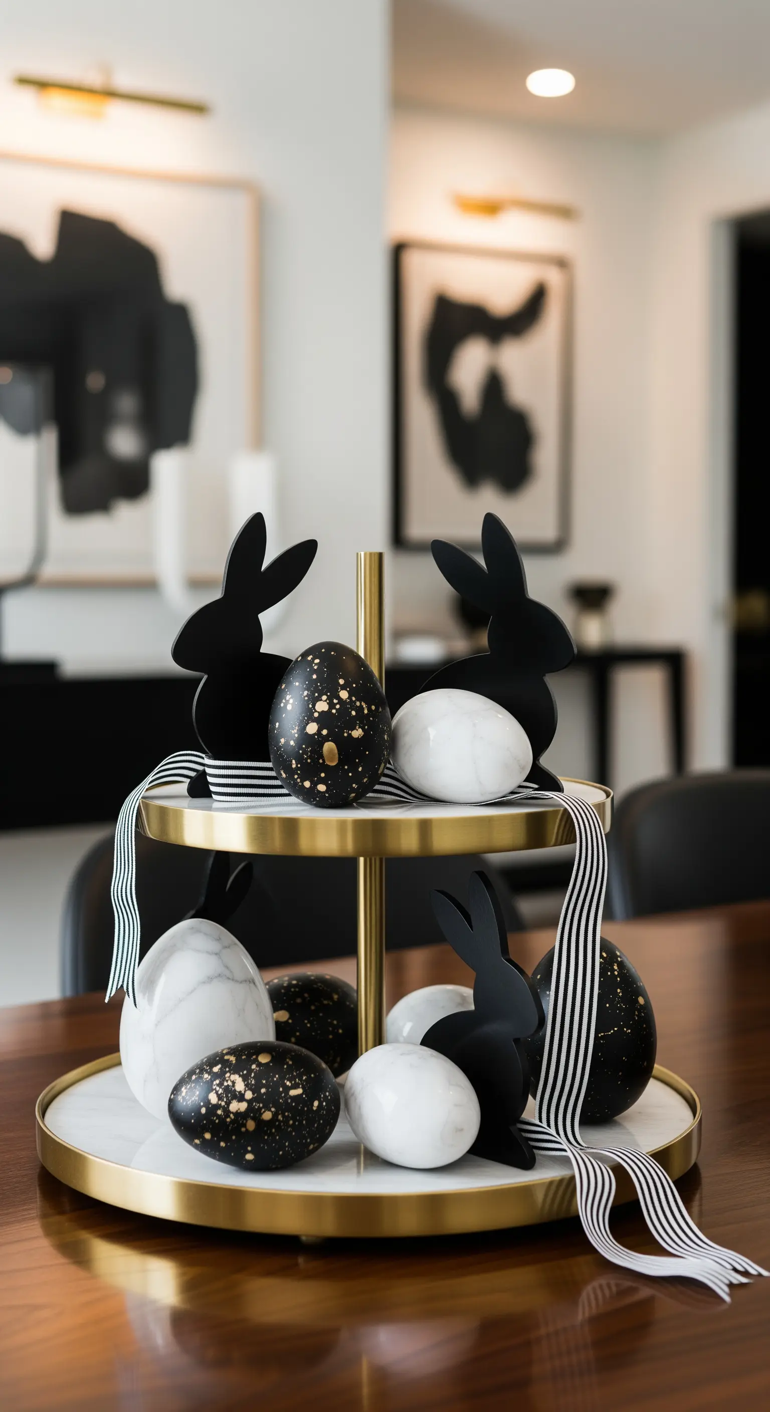 Goldene Etagere mit Marmor-Eiern in Schwarz und Weiß