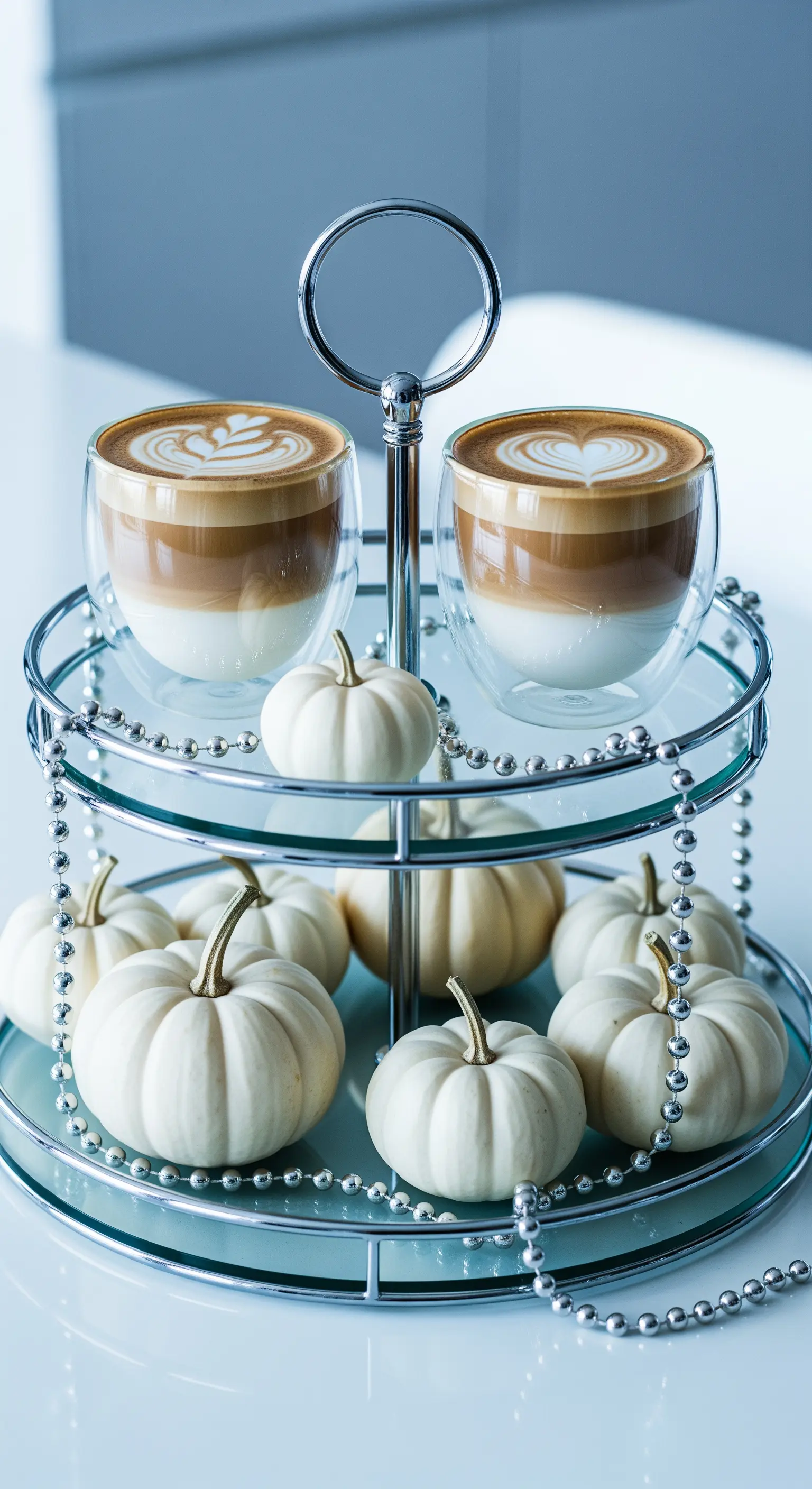 Silberne Glas-Etagere mit weißen Mini-Kürbissen und Latte-Macchiato-Gläsern
