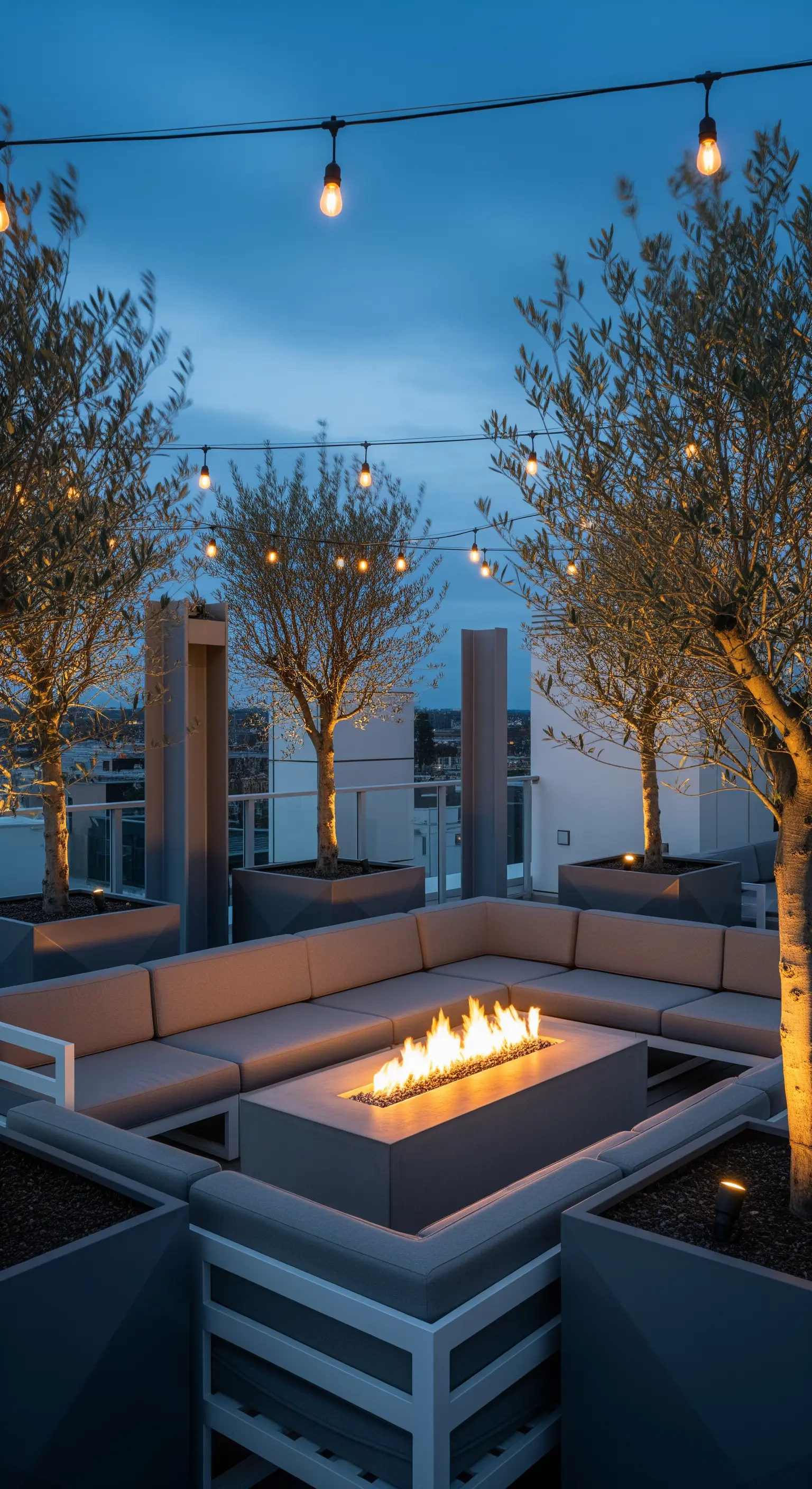 Moderne Dachterrasse mit Feuerstelle und Lichterketten