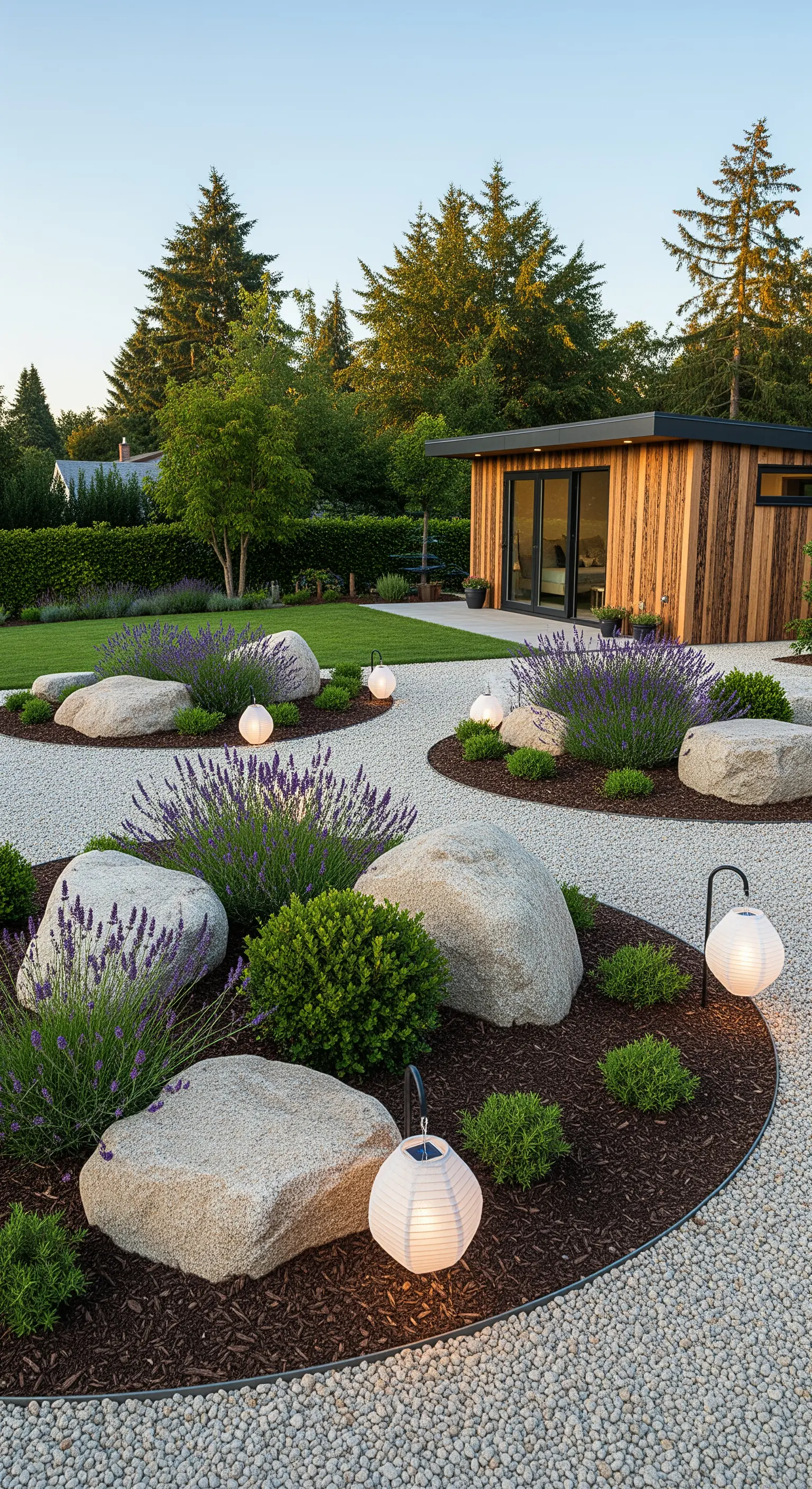 Modernes Holz-Gartenhaus umgeben von Kies und Lavendel