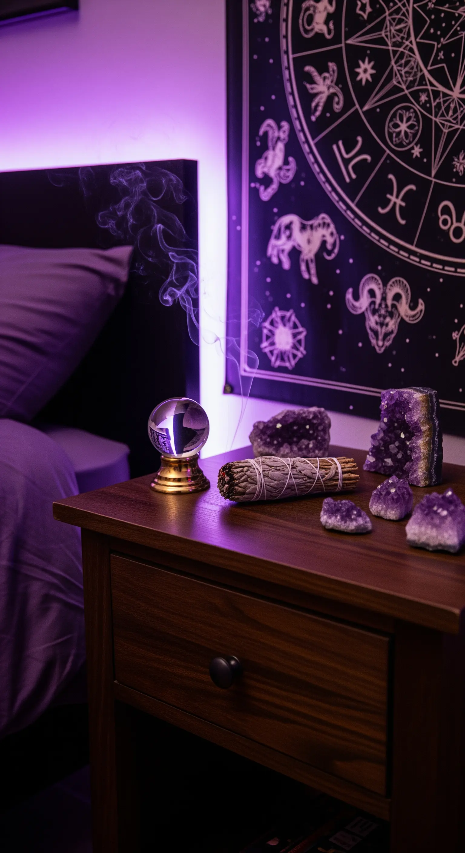 Lila beleuchtetes Zimmer mit Kristallen und Astrologie-Tuch