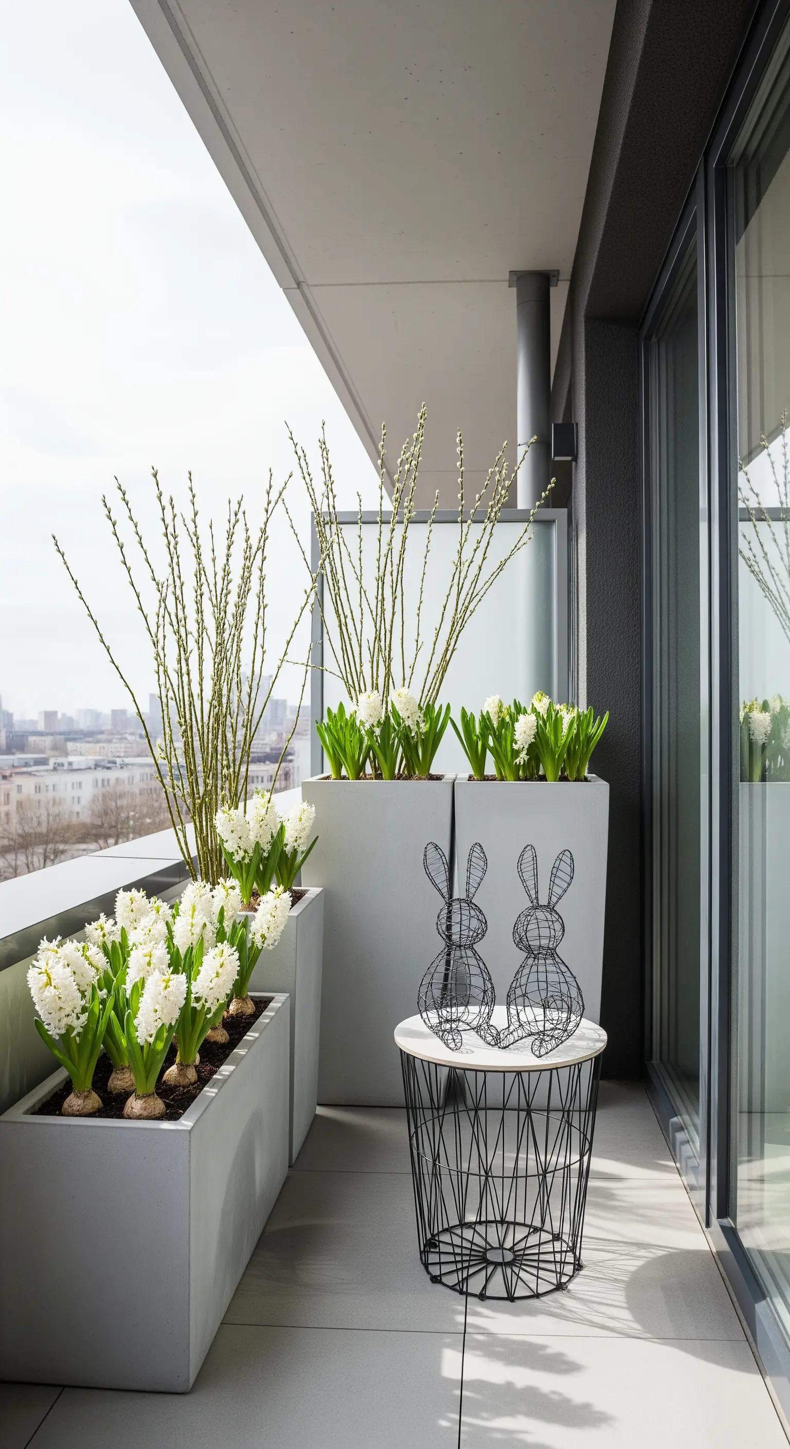 Moderne Draht-Hasen und weiße Blumen in hohen Töpfen